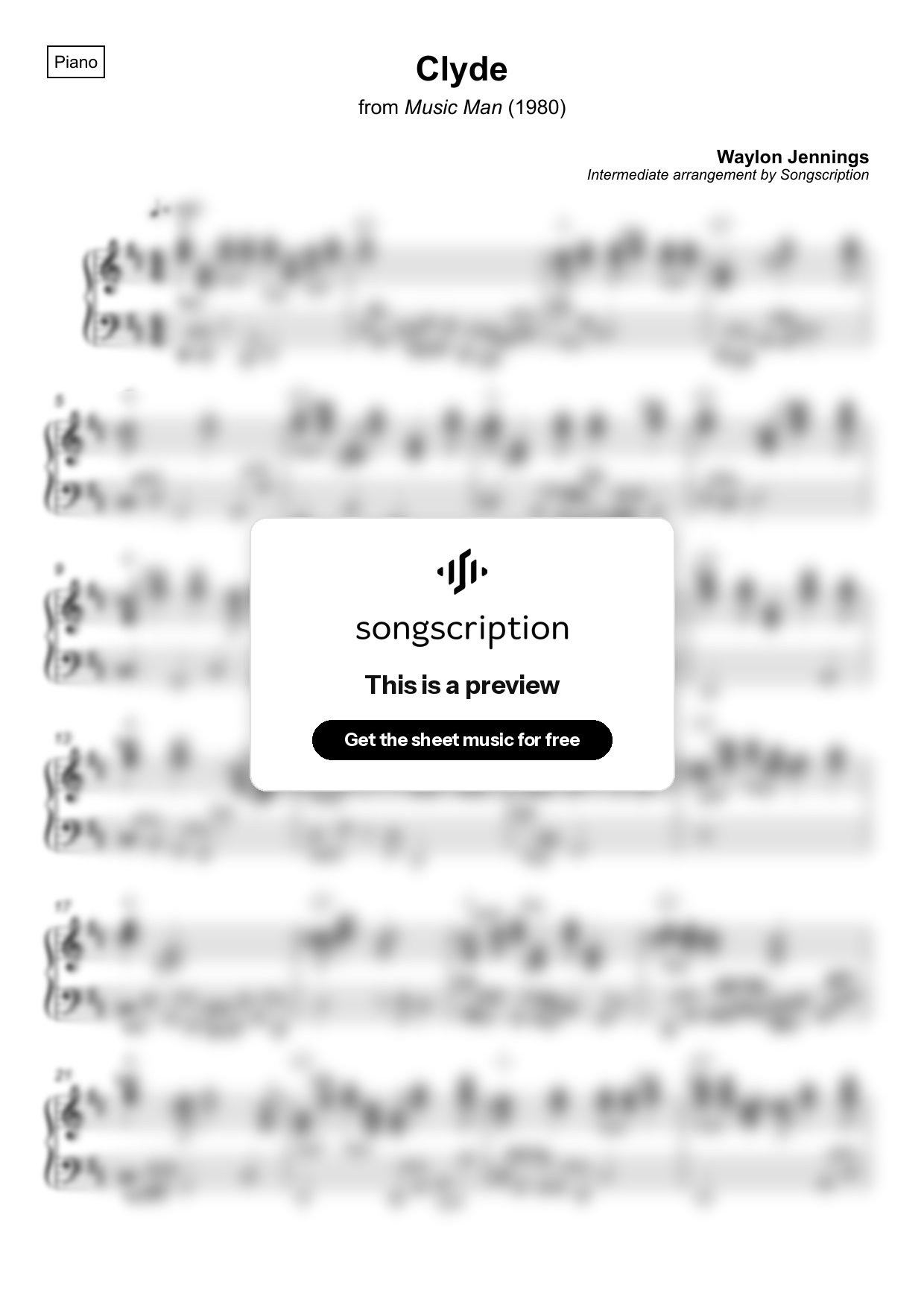 Intermediate Piano Sheet Music for "Clyde" by Waylon Jennings