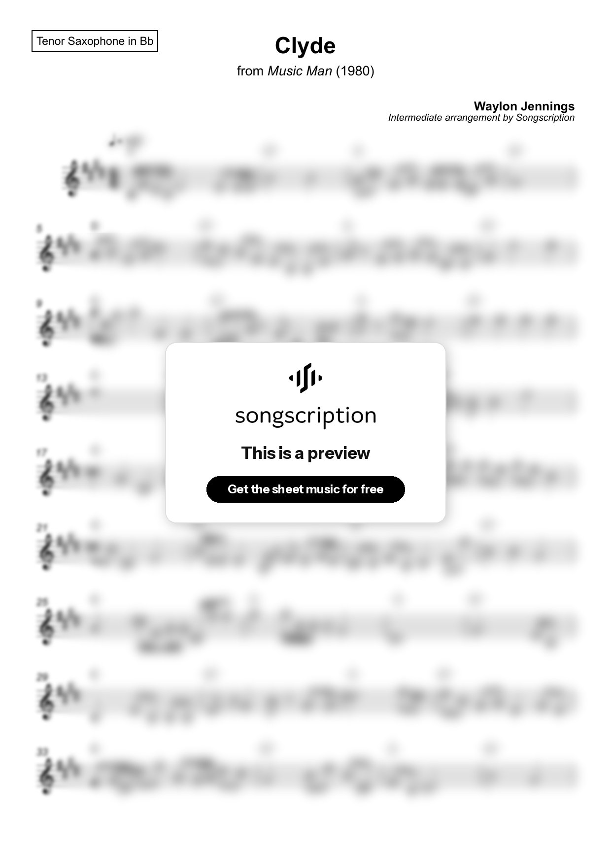 Intermediate Tenor Sax Sheet Music for "Clyde" by Waylon Jennings