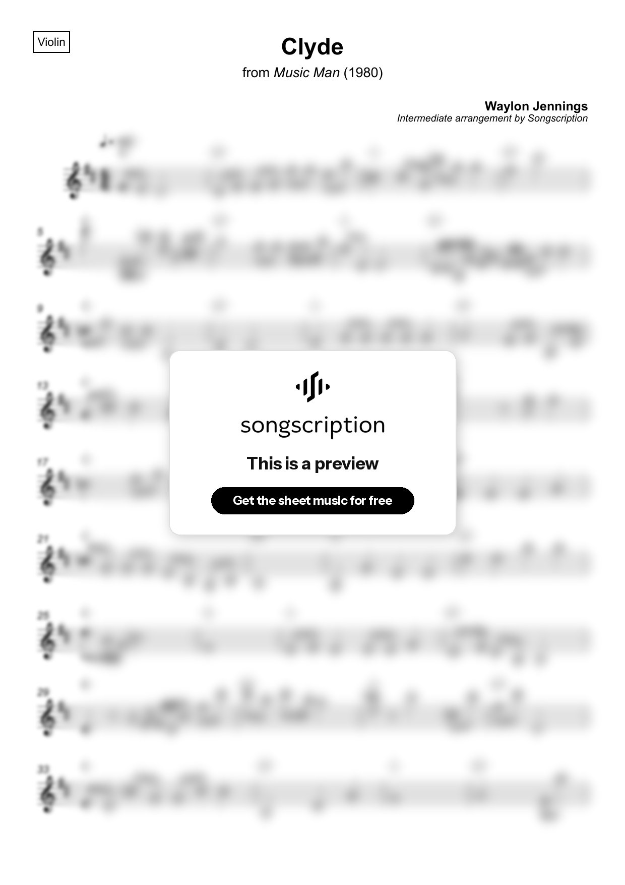 Intermediate Violin Sheet Music for "Clyde" by Waylon Jennings