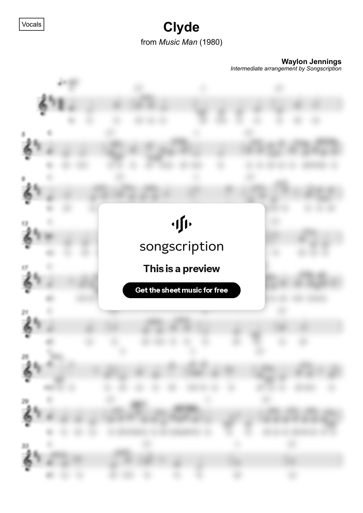 Intermediate Vocals Sheet Music for "Clyde" by Waylon Jennings