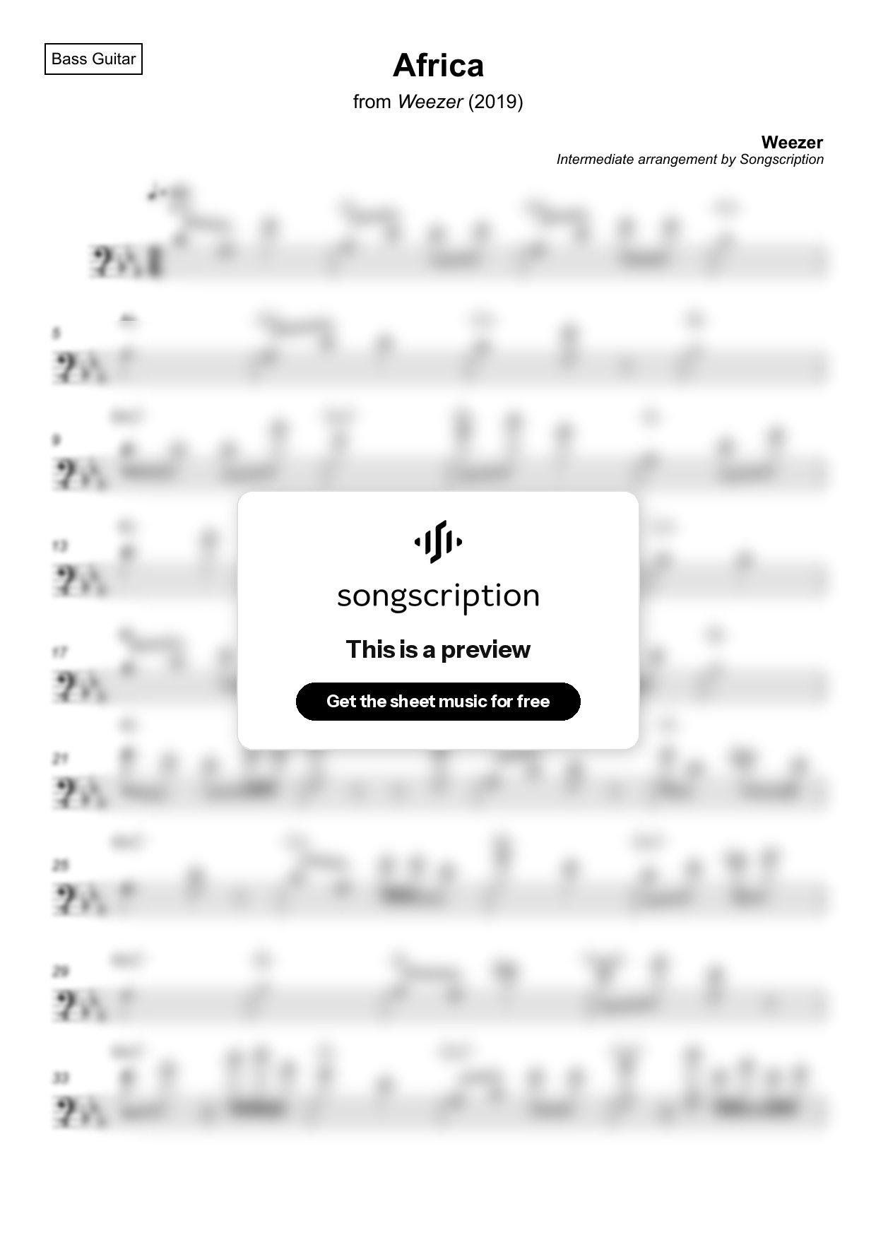 Intermediate Bass Guitar Sheet Music for "Africa" by Weezer