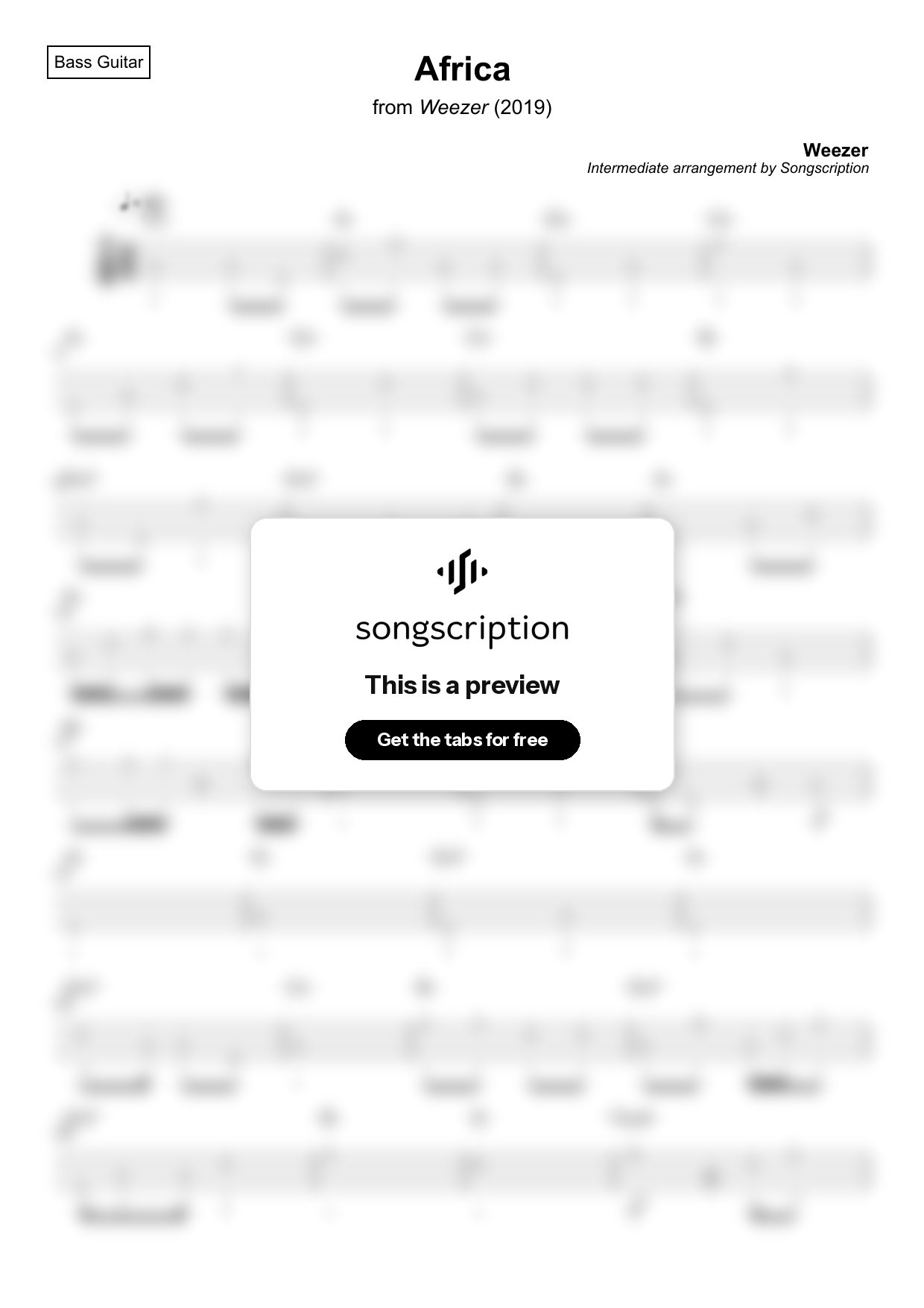 Intermediate Bass Guitar Tabs for "Africa" by Weezer
