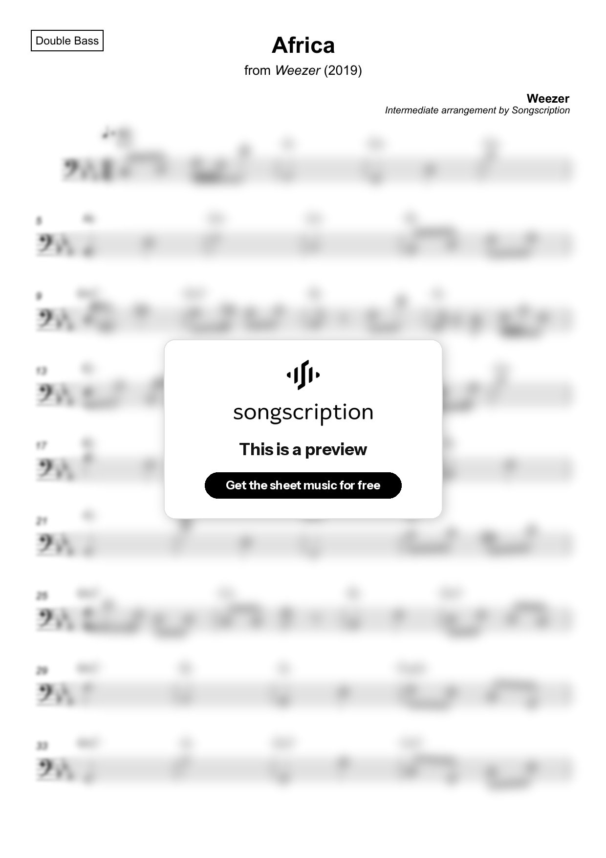 Intermediate Double Bass Sheet Music for "Africa" by Weezer