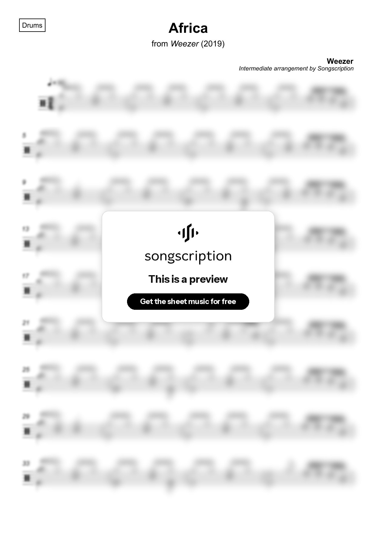 Intermediate Drums Sheet Music for "Africa" by Weezer