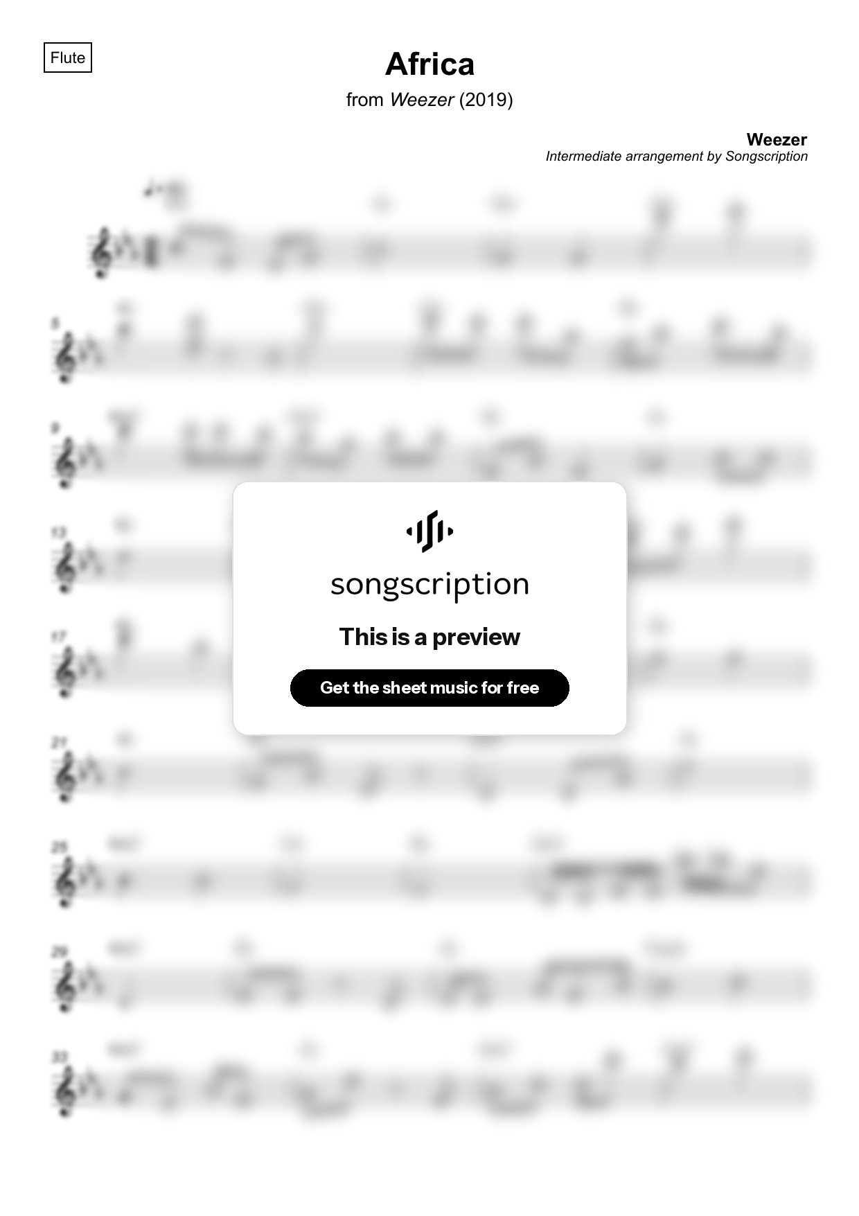 Intermediate Flute Sheet Music for "Africa" by Weezer