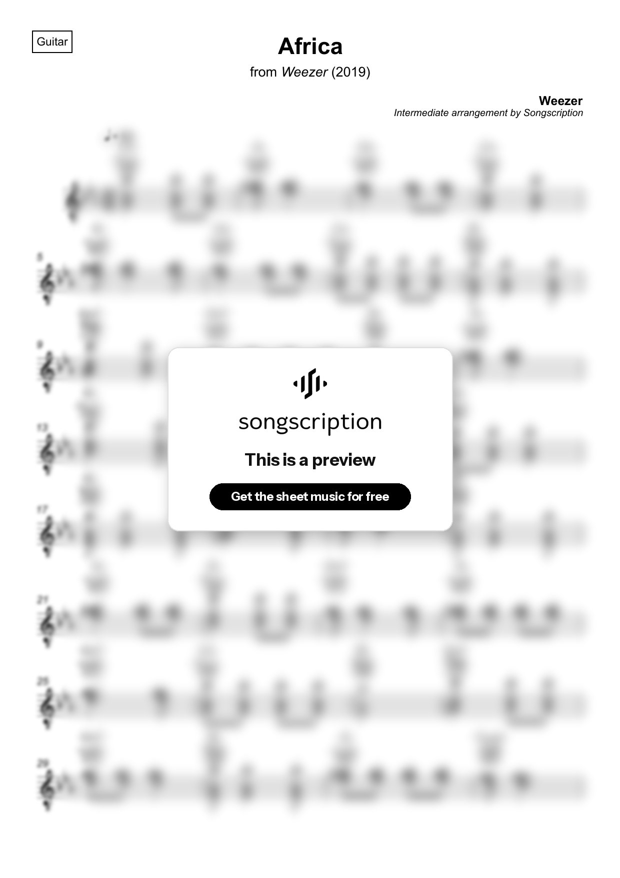 Intermediate Acoustic Guitar Sheet Music for "Africa" by Weezer