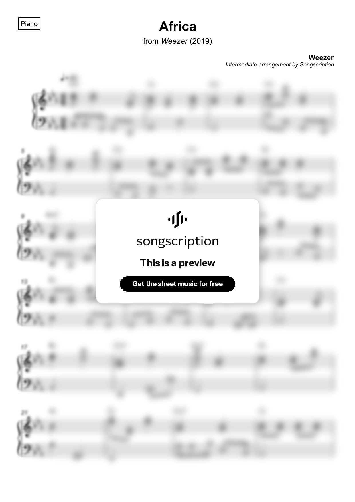 Intermediate Piano Sheet Music for "Africa" by Weezer