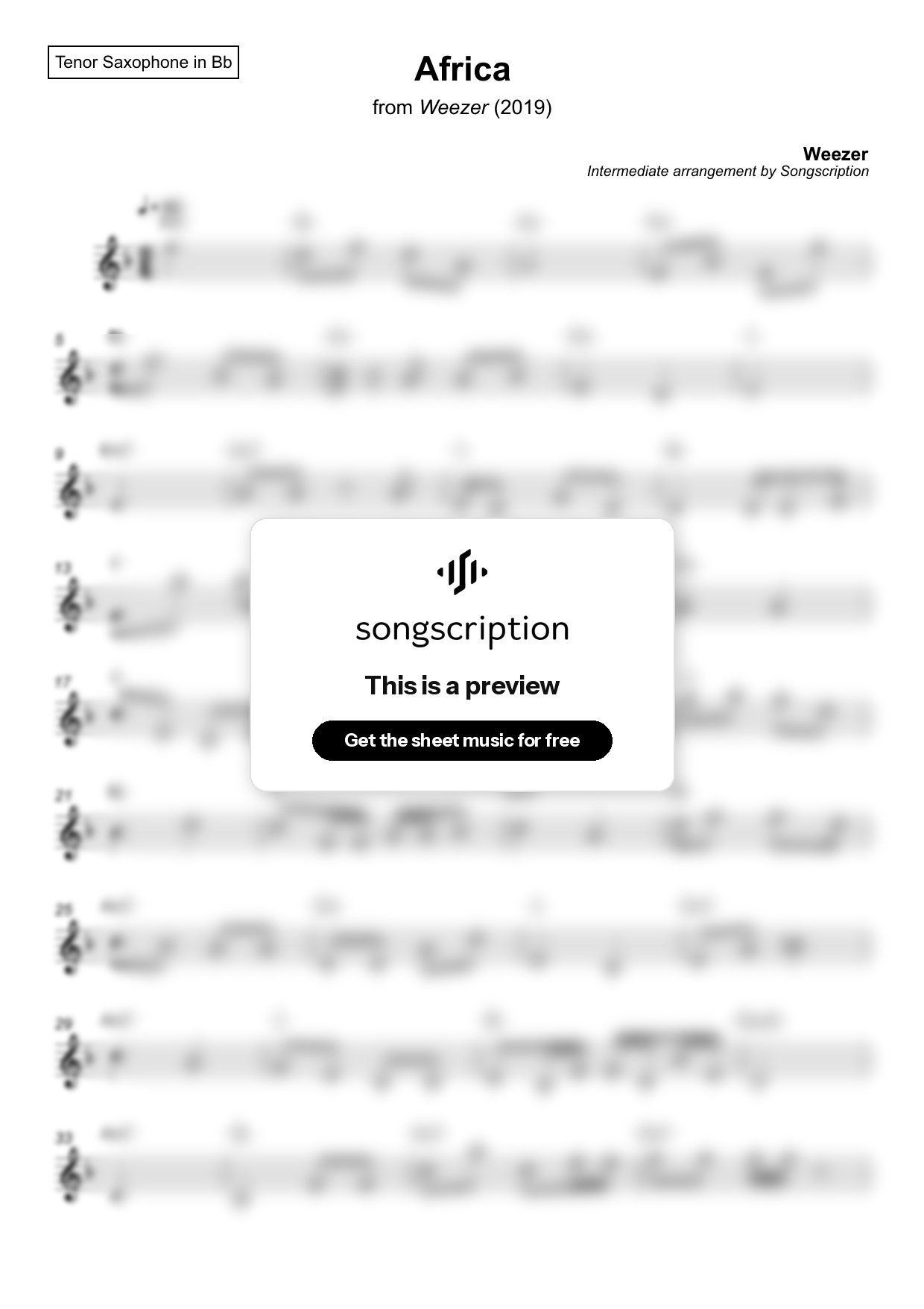 Intermediate Tenor Sax Sheet Music for "Africa" by Weezer
