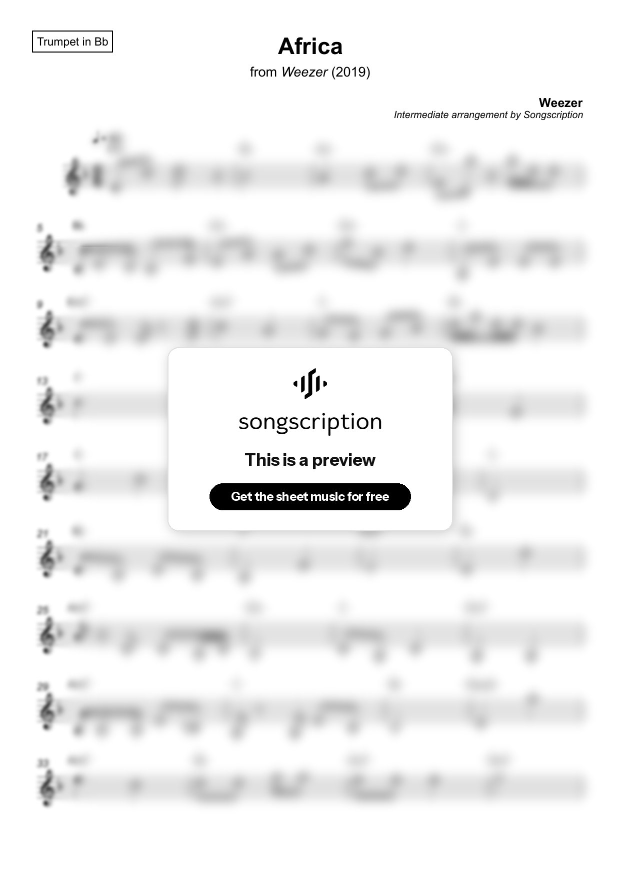 Intermediate Trumpet Sheet Music for "Africa" by Weezer