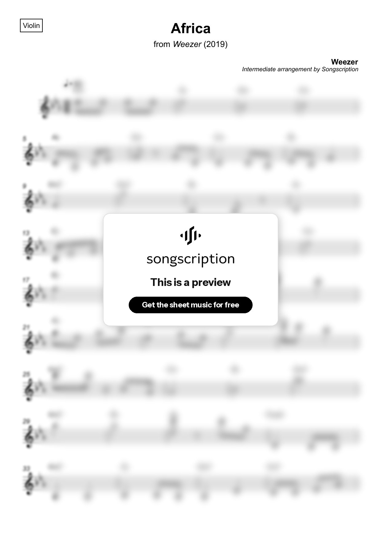 Intermediate Violin Sheet Music for "Africa" by Weezer