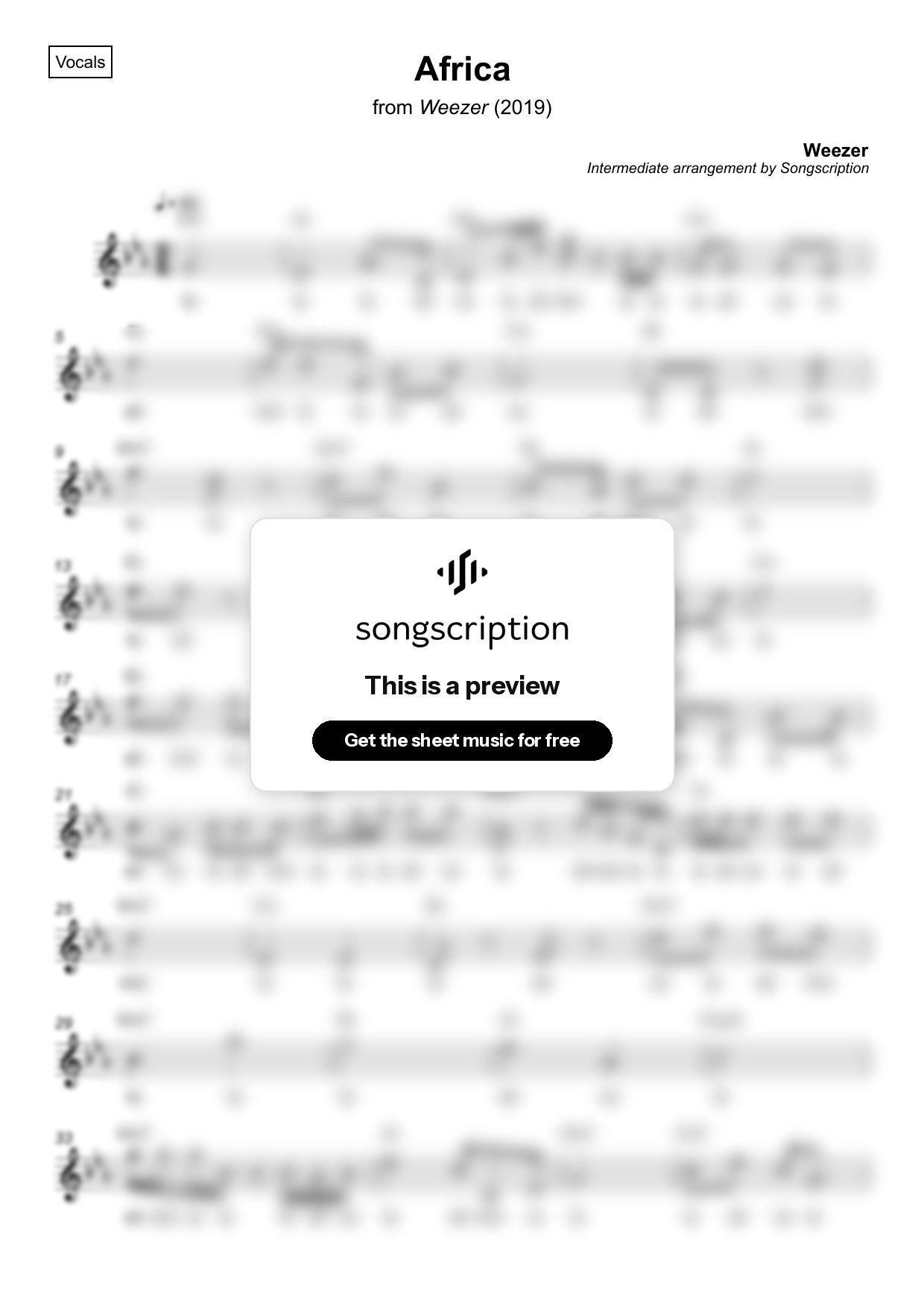 Intermediate Vocals Sheet Music for "Africa" by Weezer