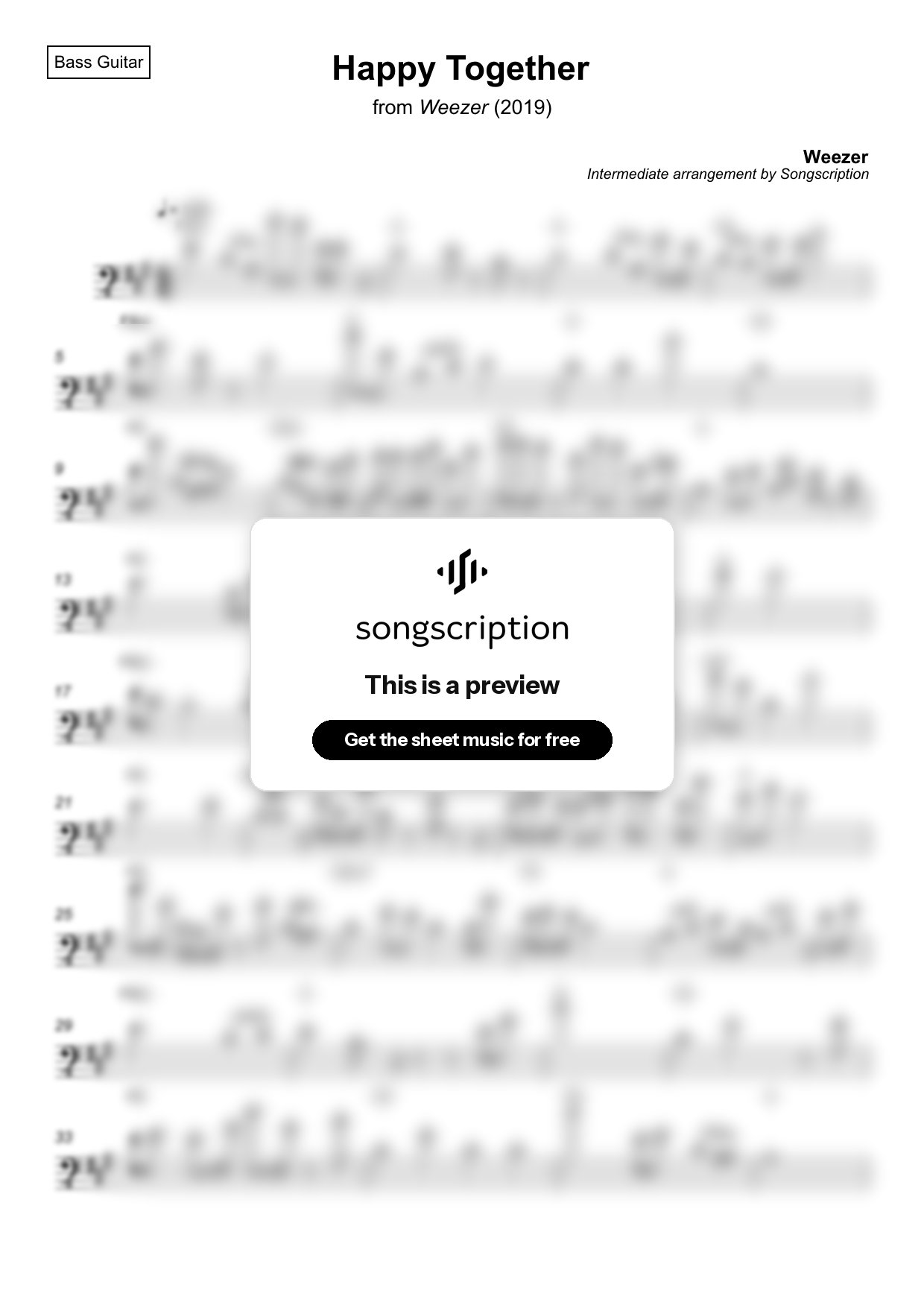 Intermediate Bass Guitar Sheet Music for "Happy Together" by Weezer