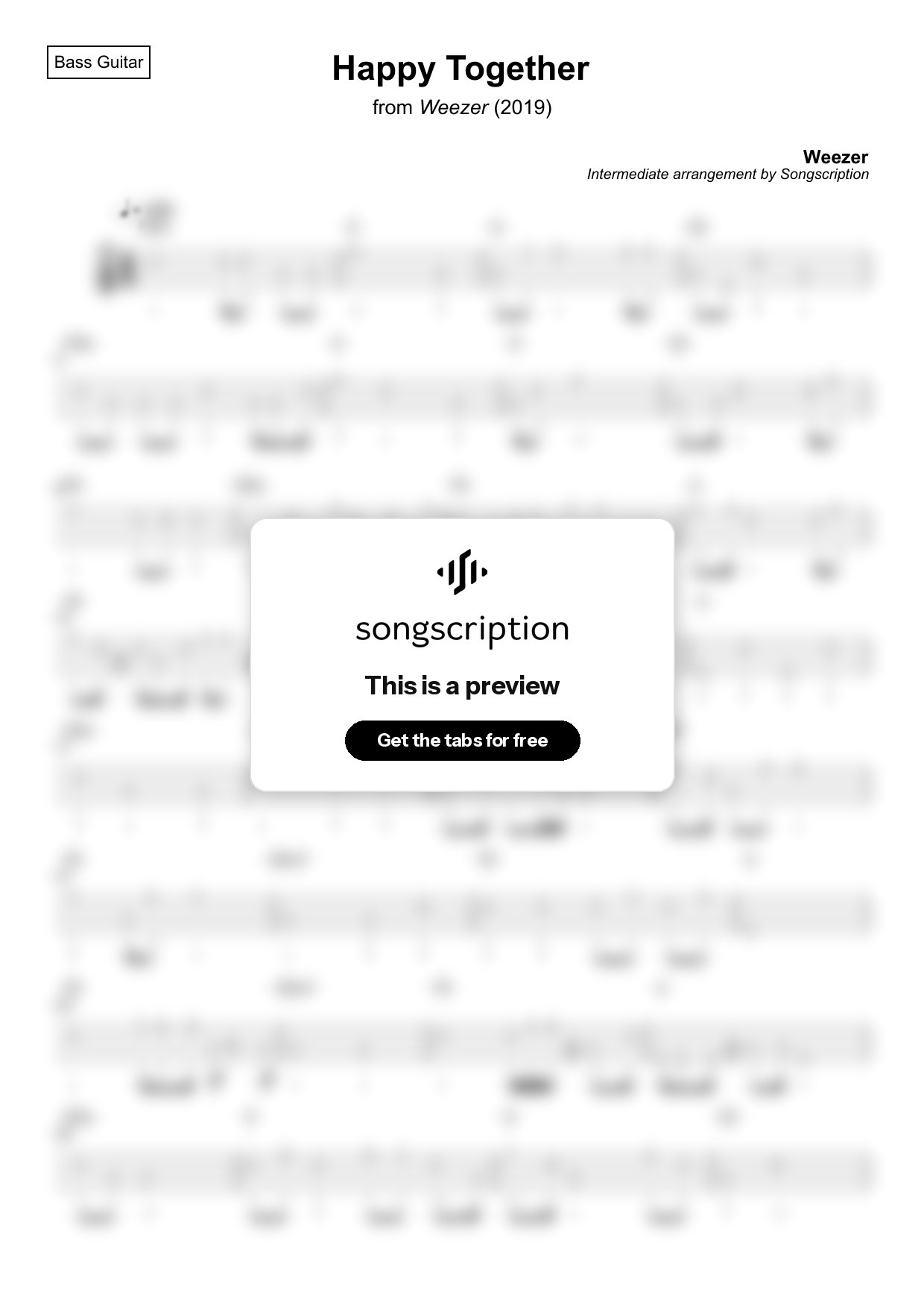 Intermediate Bass Guitar Tabs for "Happy Together" by Weezer