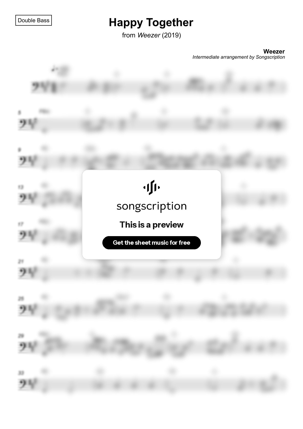Intermediate Double Bass Sheet Music for "Happy Together" by Weezer