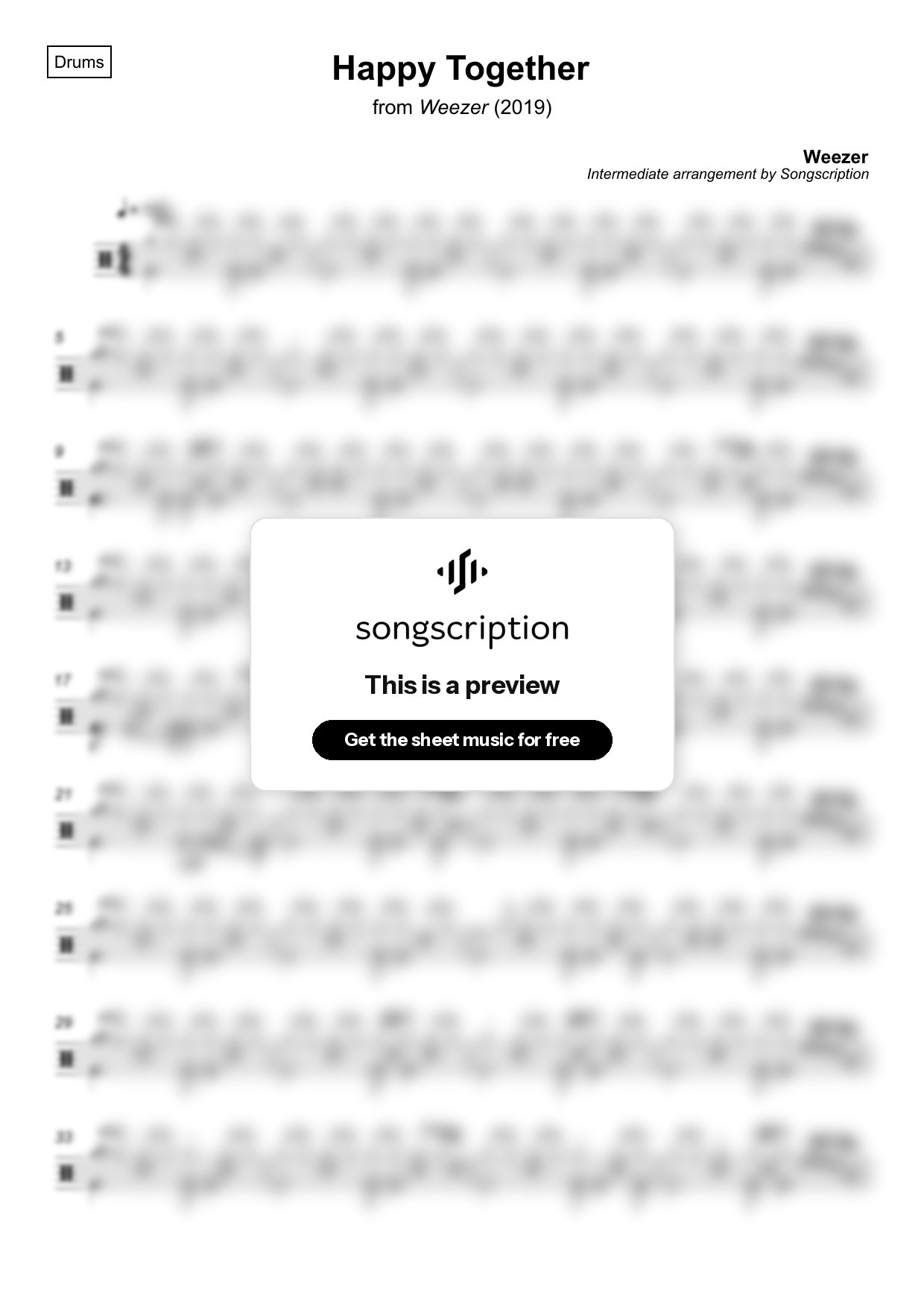 Intermediate Drums Sheet Music for "Happy Together" by Weezer
