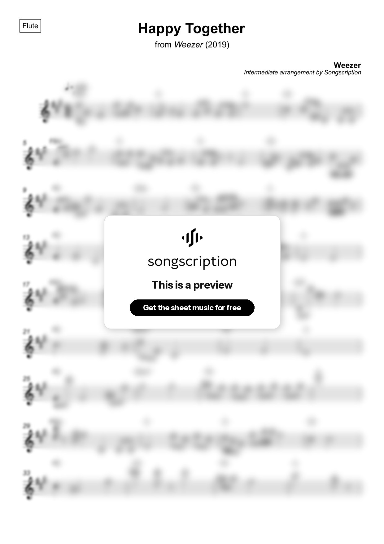 Intermediate Flute Sheet Music for "Happy Together" by Weezer