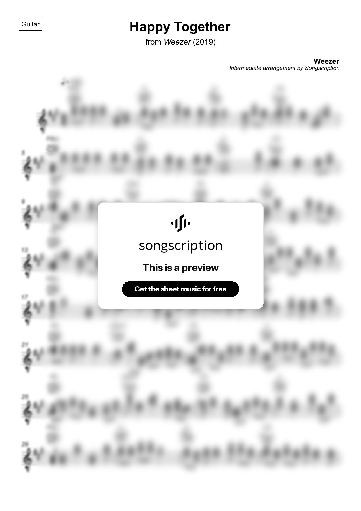 Intermediate Acoustic Guitar Sheet Music for "Happy Together" by Weezer