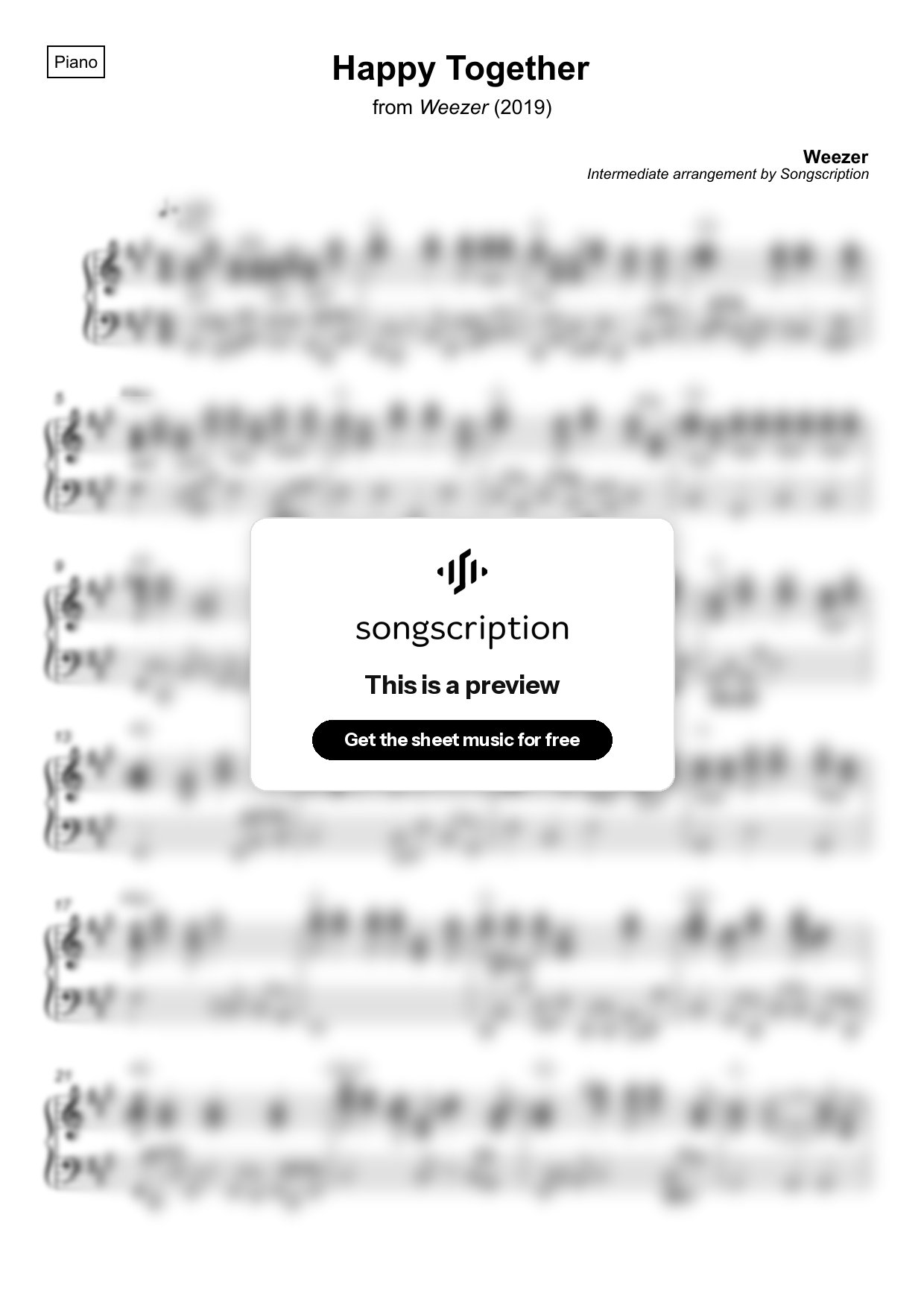 Intermediate Piano Sheet Music for "Happy Together" by Weezer