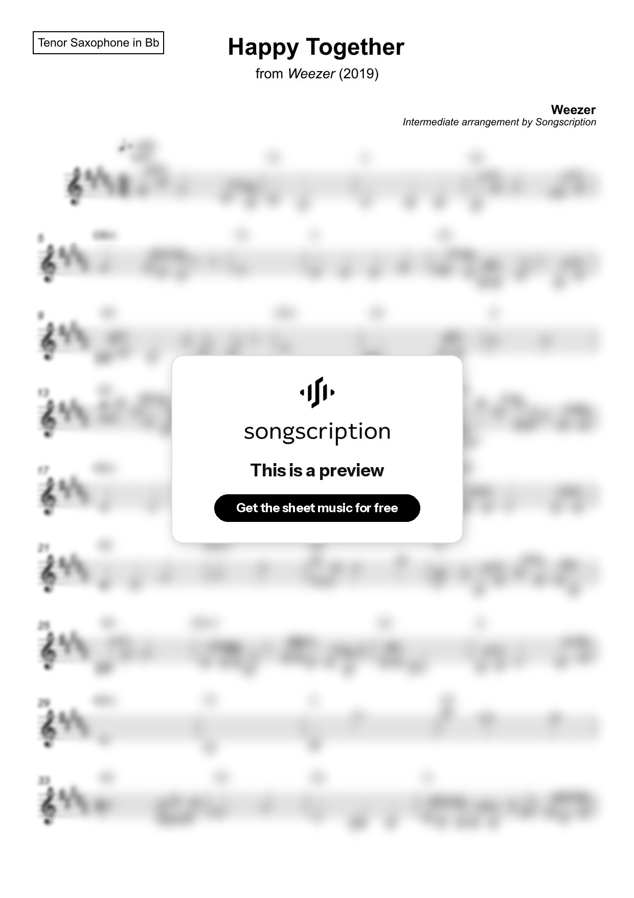 Intermediate Tenor Sax Sheet Music for "Happy Together" by Weezer
