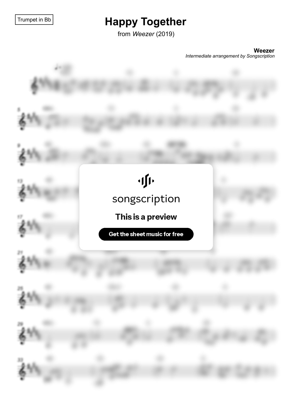 Intermediate Trumpet Sheet Music for "Happy Together" by Weezer