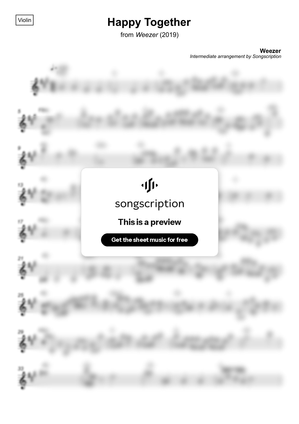 Intermediate Violin Sheet Music for "Happy Together" by Weezer