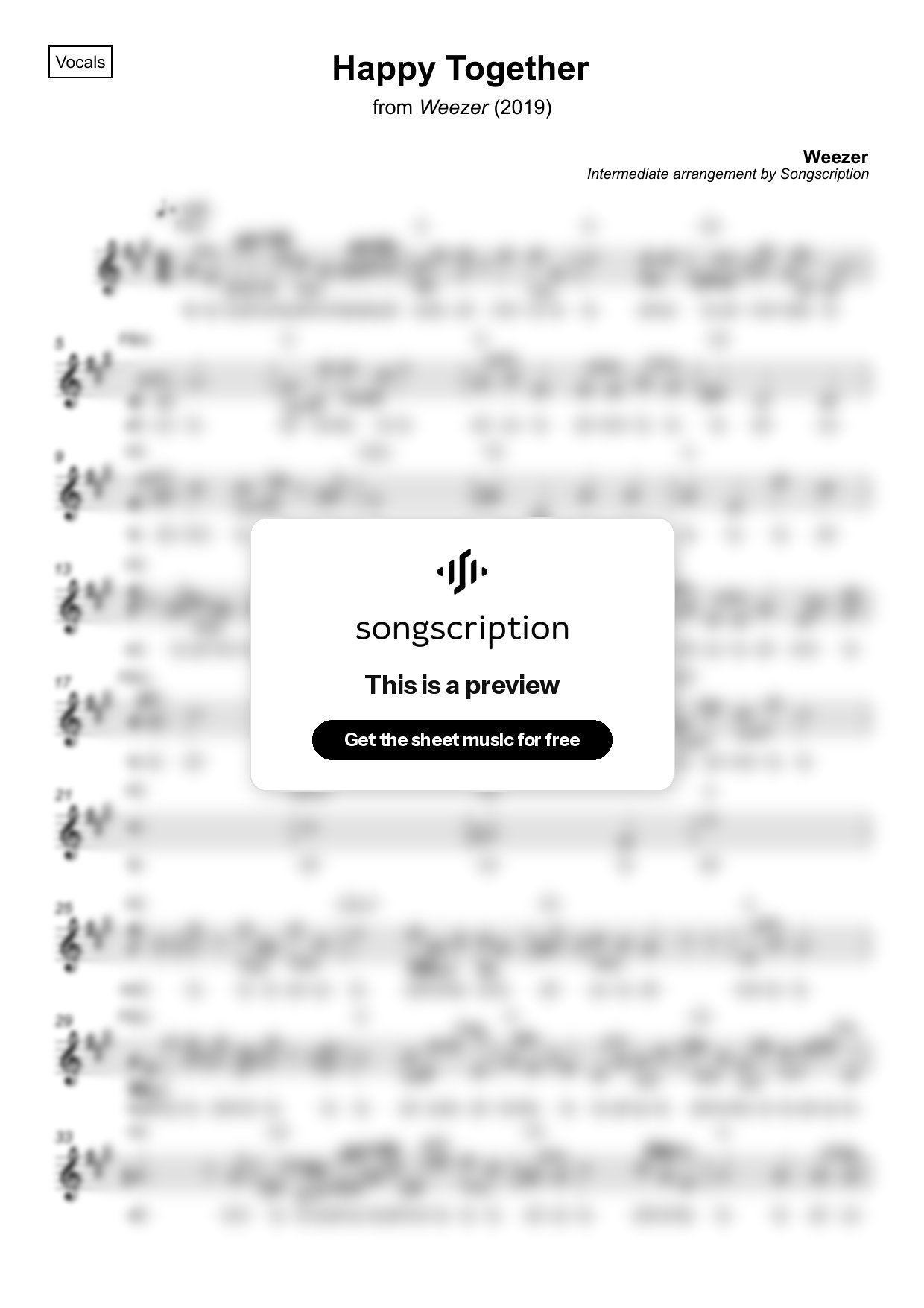 Intermediate Vocals Sheet Music for "Happy Together" by Weezer