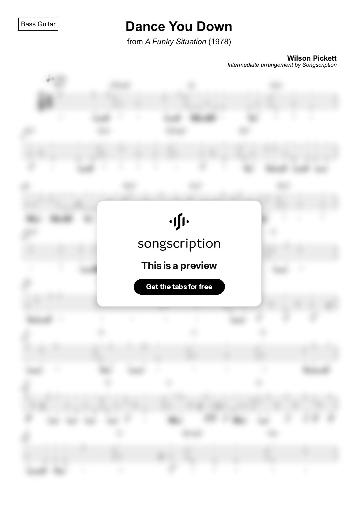 Intermediate Bass Guitar Tabs for "Dance You Down" by Wilson Pickett