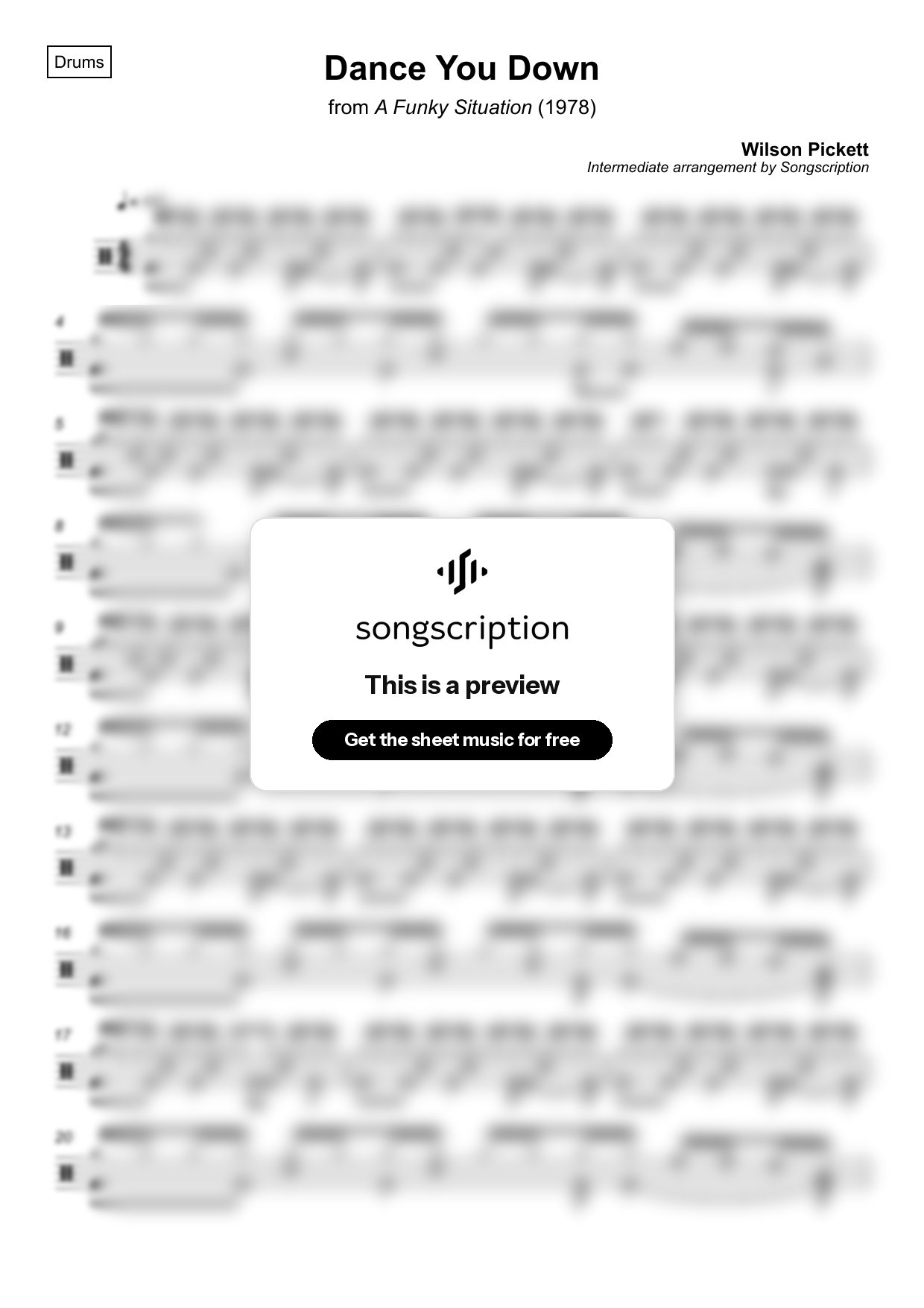 Intermediate Drums Sheet Music for "Dance You Down" by Wilson Pickett