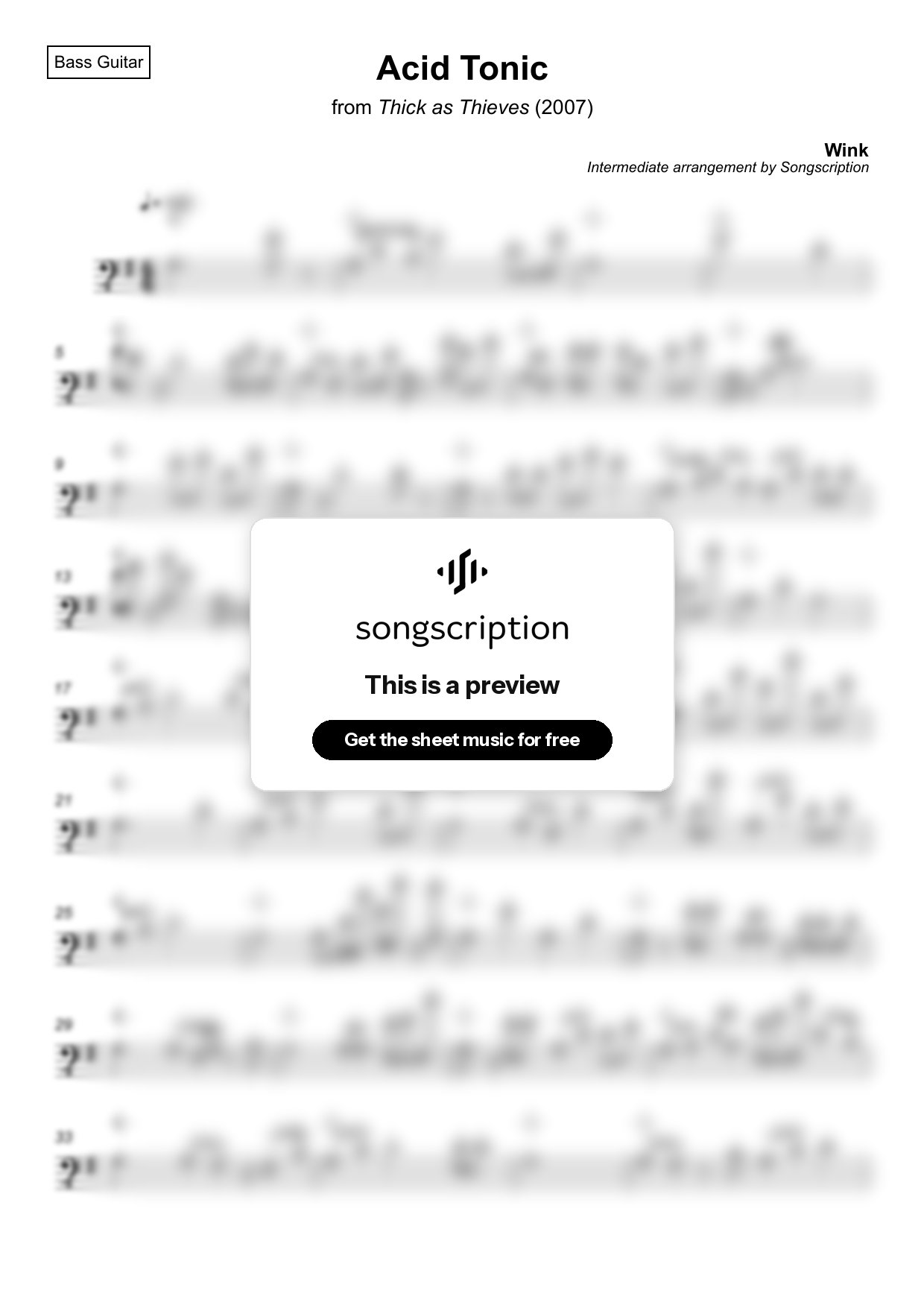 Intermediate Bass Guitar Sheet Music for "Acid Tonic" by Wink