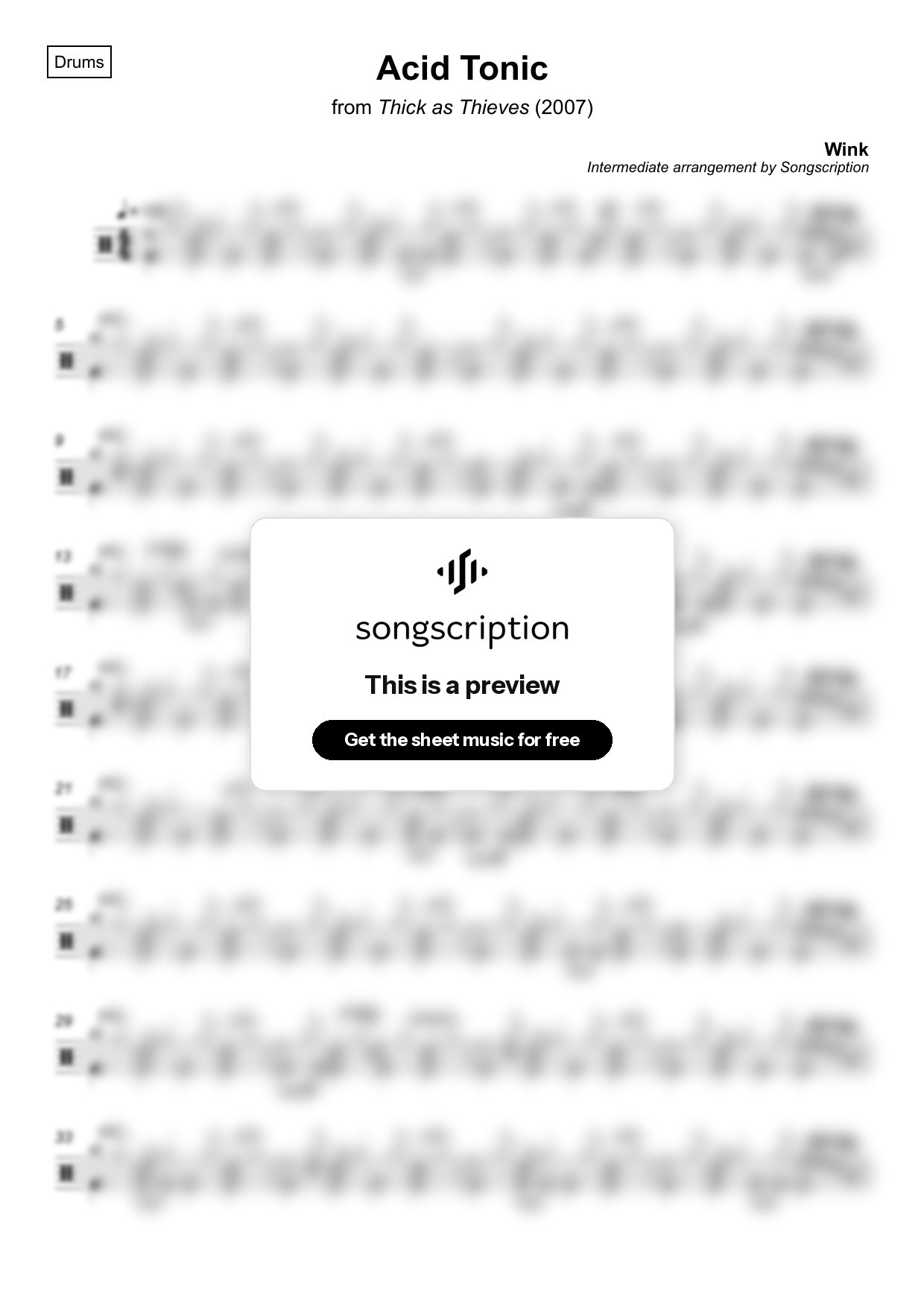 Intermediate Drums Sheet Music for "Acid Tonic" by Wink
