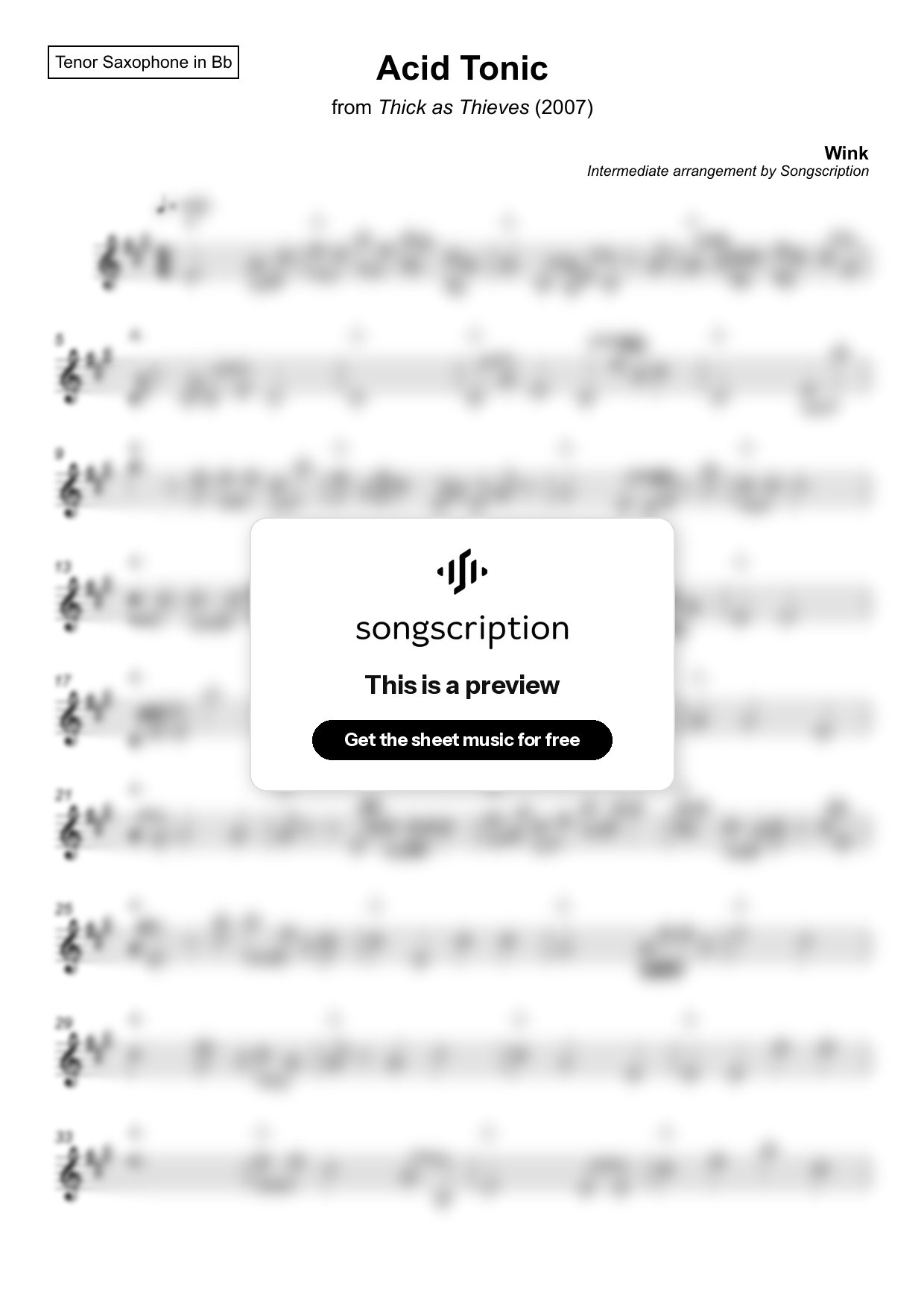 Intermediate Tenor Sax Sheet Music for "Acid Tonic" by Wink