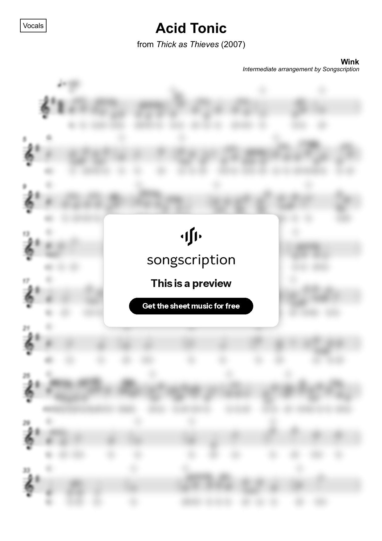 Intermediate Vocals Sheet Music for "Acid Tonic" by Wink