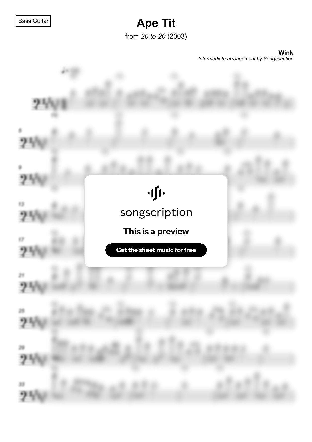 Intermediate Bass Guitar Sheet Music for "Ape Tit" by Wink