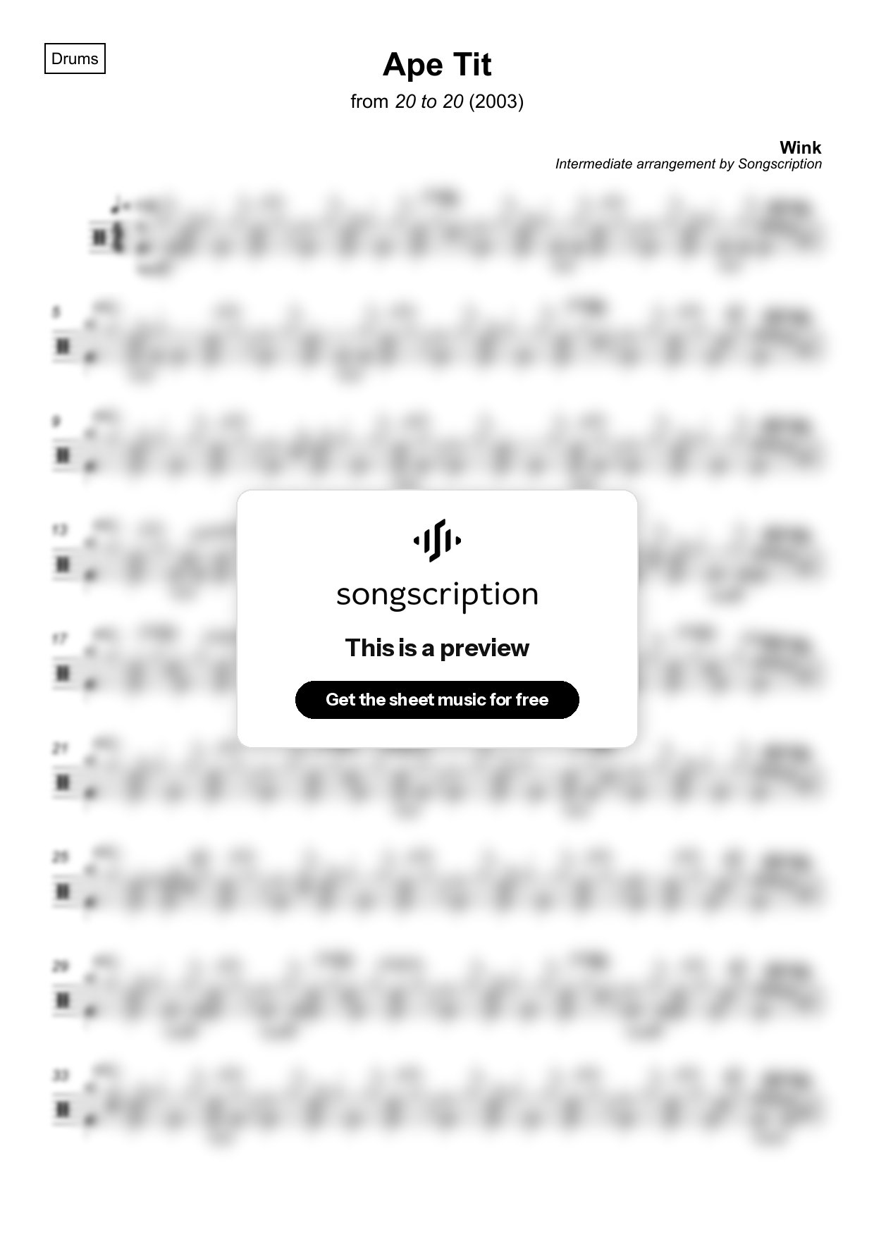 Intermediate Drums Sheet Music for "Ape Tit" by Wink