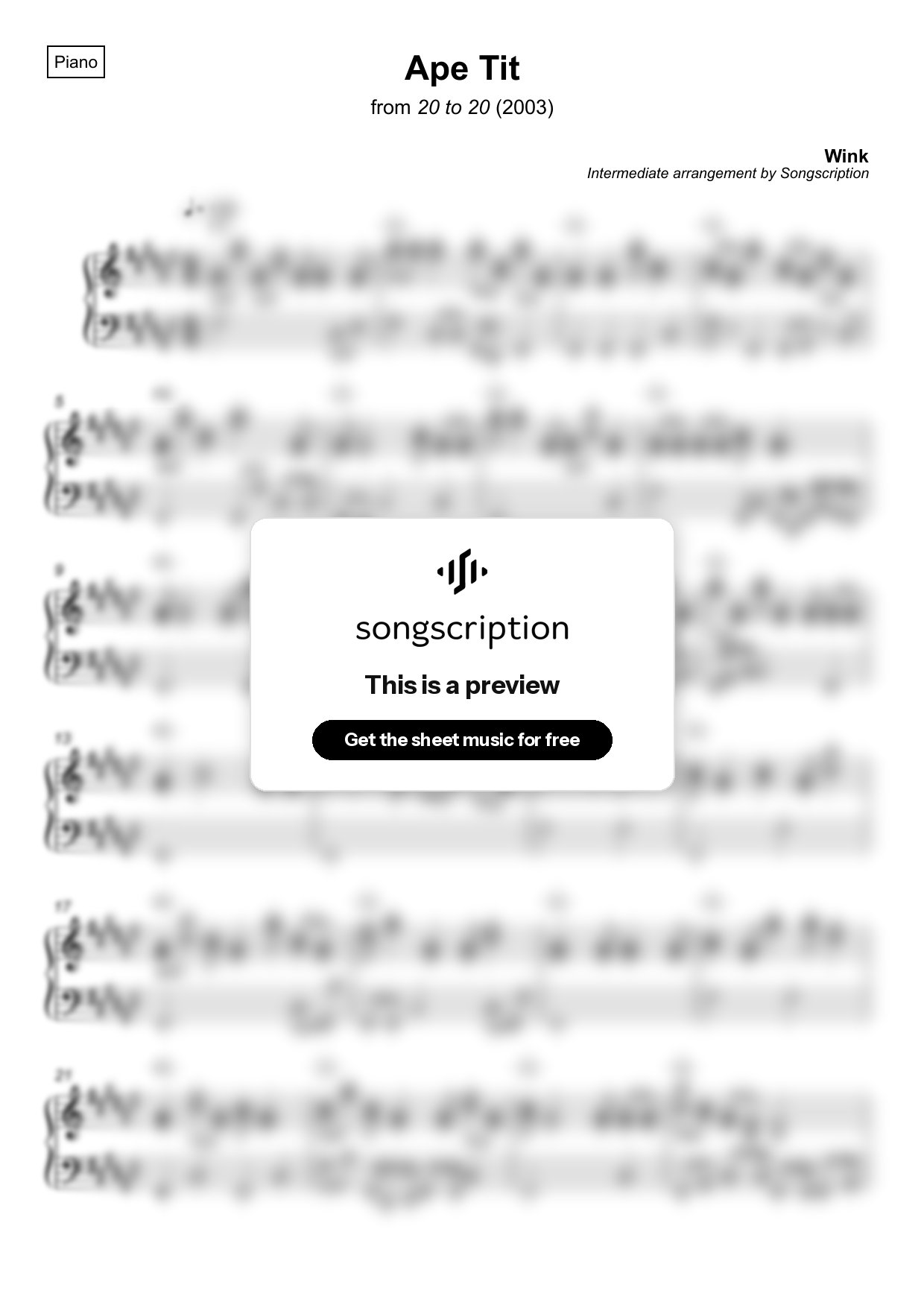 Intermediate Piano Sheet Music for "Ape Tit" by Wink