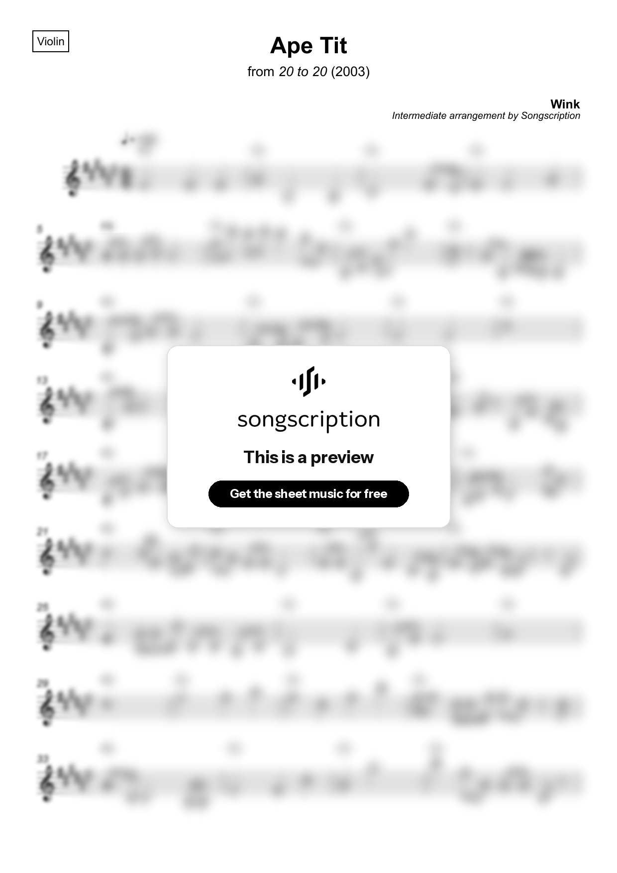 Intermediate Violin Sheet Music for "Ape Tit" by Wink