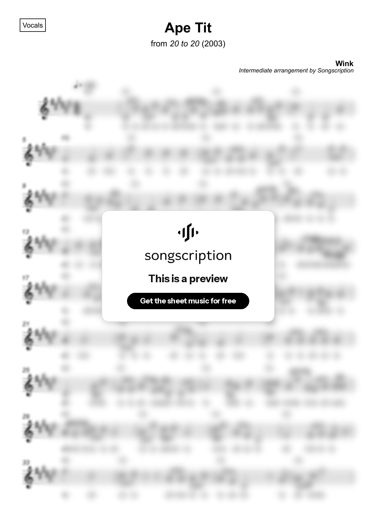 Intermediate Vocals Sheet Music for "Ape Tit" by Wink