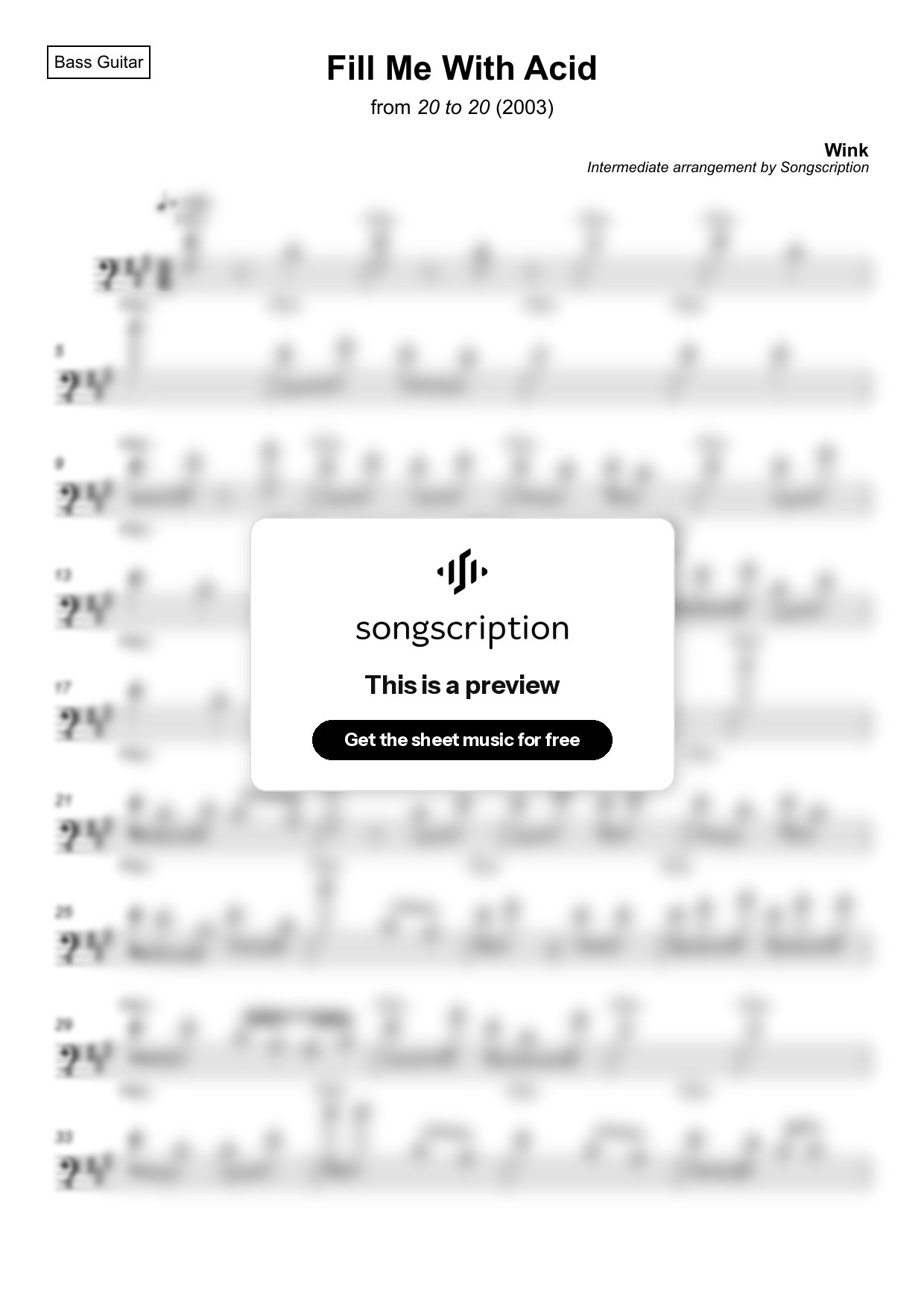 Intermediate Bass Guitar Sheet Music for "Fill Me With Acid" by Wink