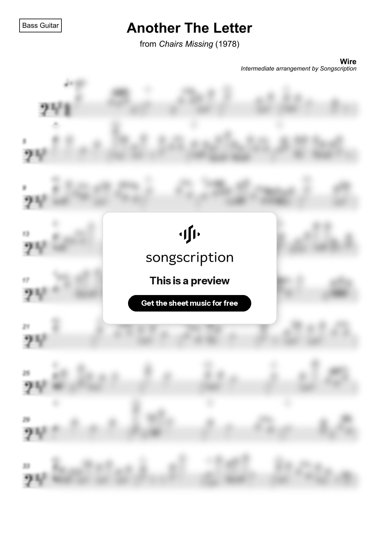 Intermediate Bass Guitar Sheet Music for "Another The Letter" by Wire