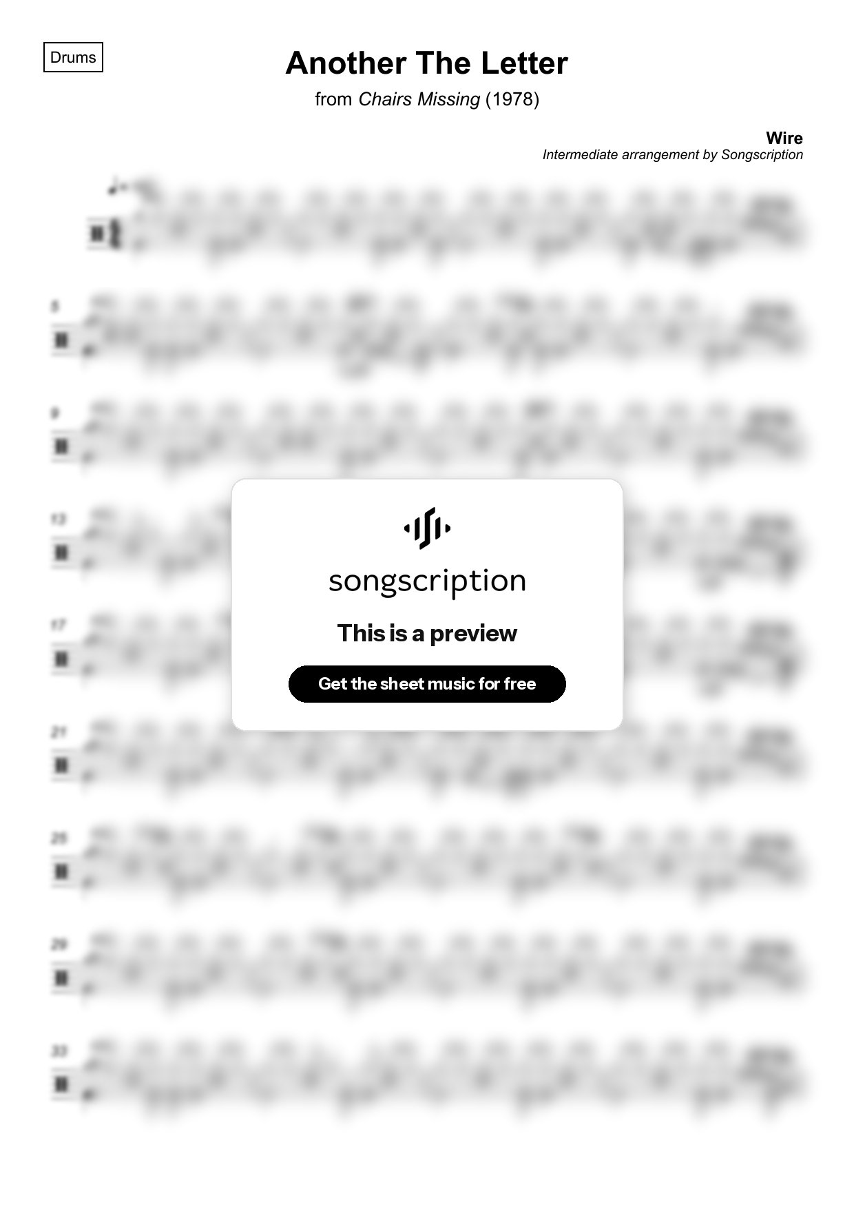 Intermediate Drums Sheet Music for "Another The Letter" by Wire