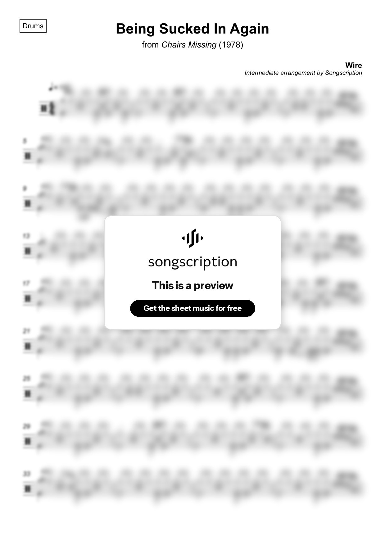 Intermediate Drums Sheet Music for "Being Sucked In Again" by Wire