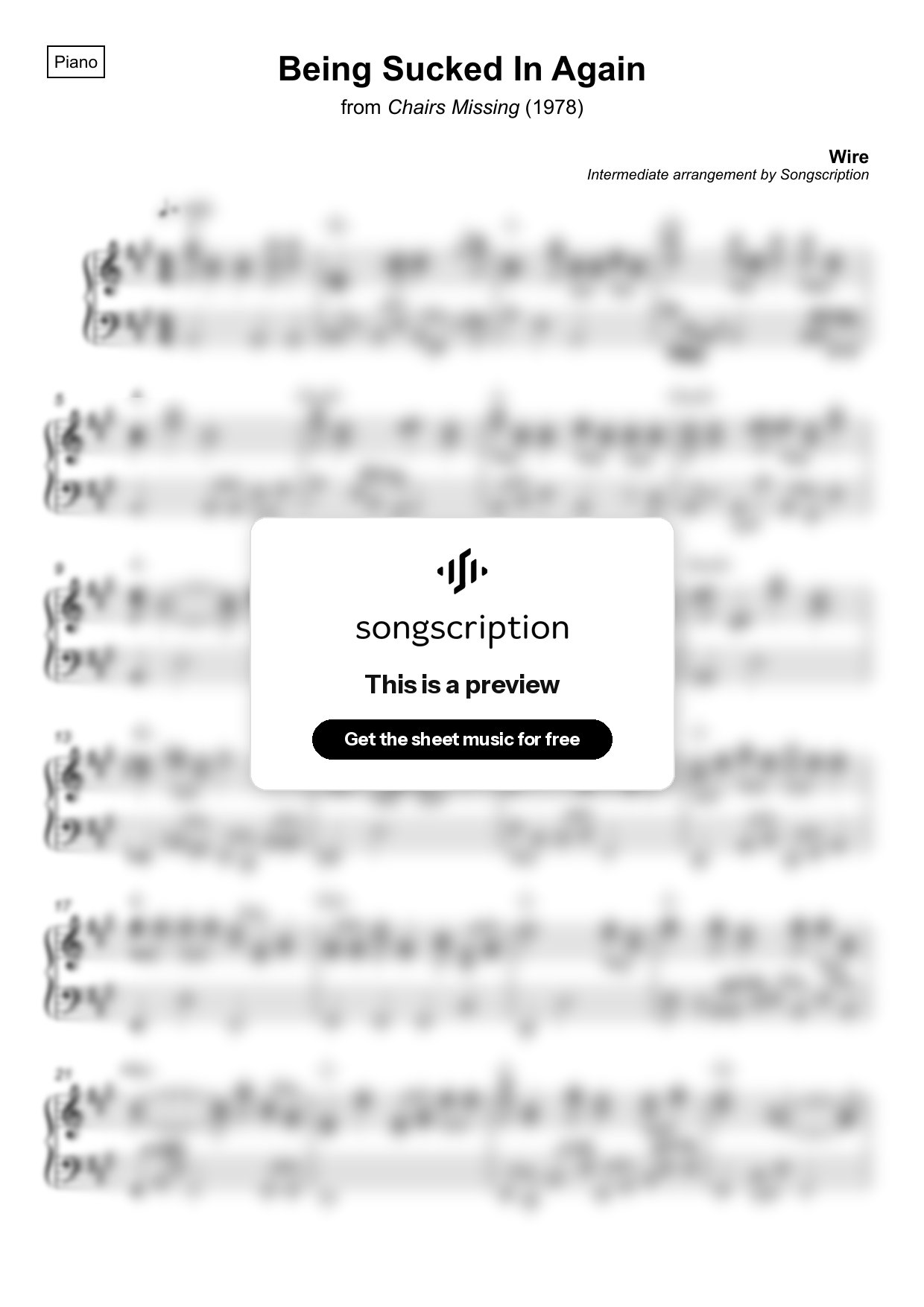 Intermediate Piano Sheet Music for "Being Sucked In Again" by Wire
