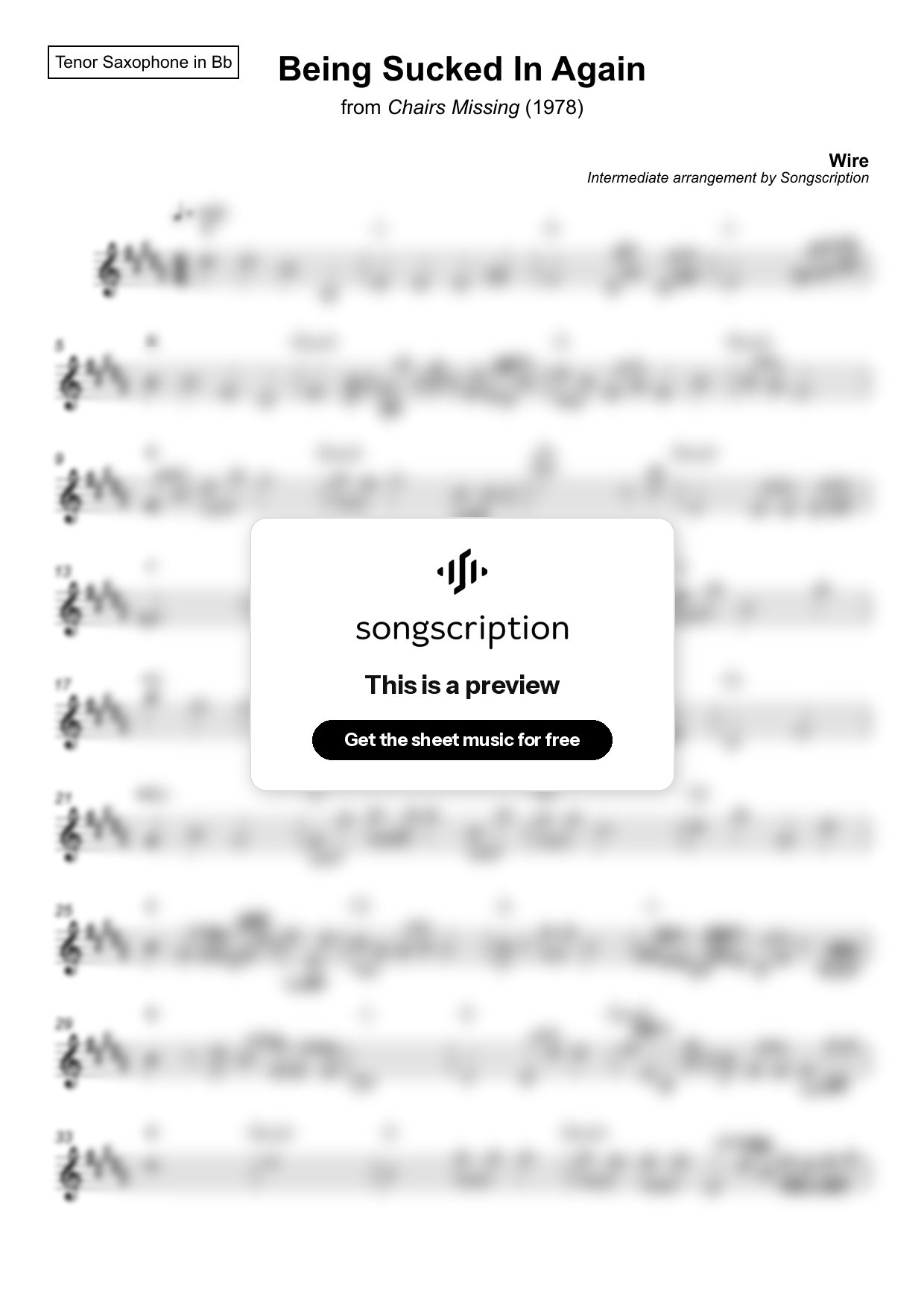 Intermediate Tenor Sax Sheet Music for "Being Sucked In Again" by Wire