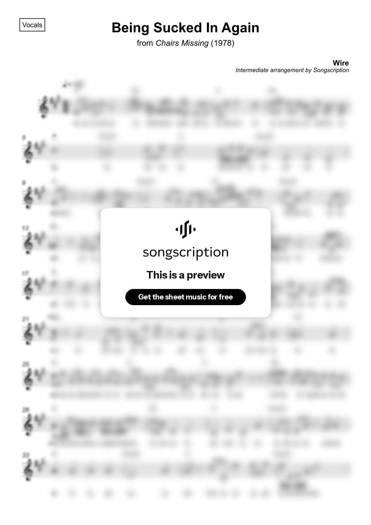 Intermediate Vocals Sheet Music for "Being Sucked In Again" by Wire