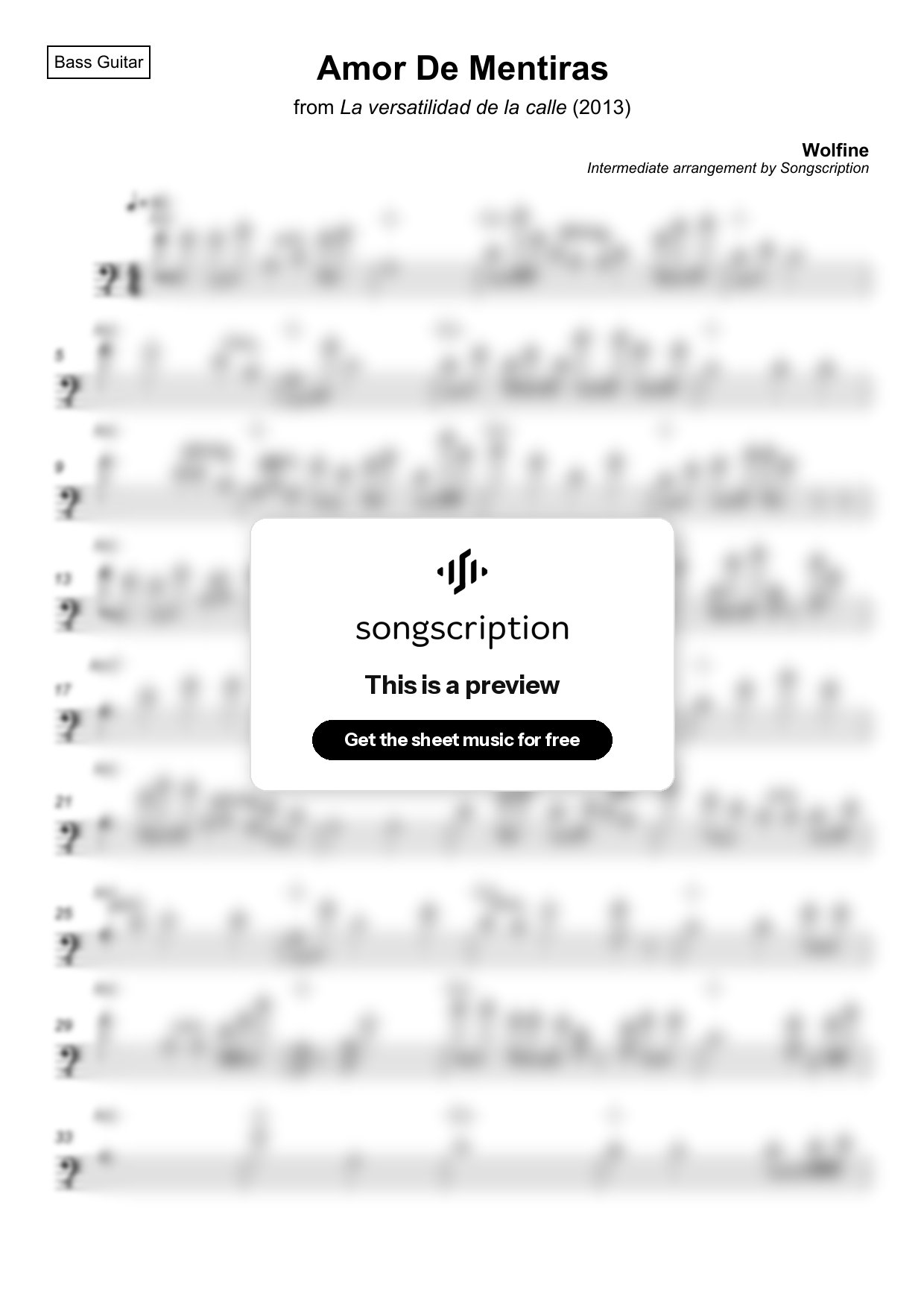 Intermediate Bass Guitar Sheet Music for "Amor De Mentiras" by Wolfine