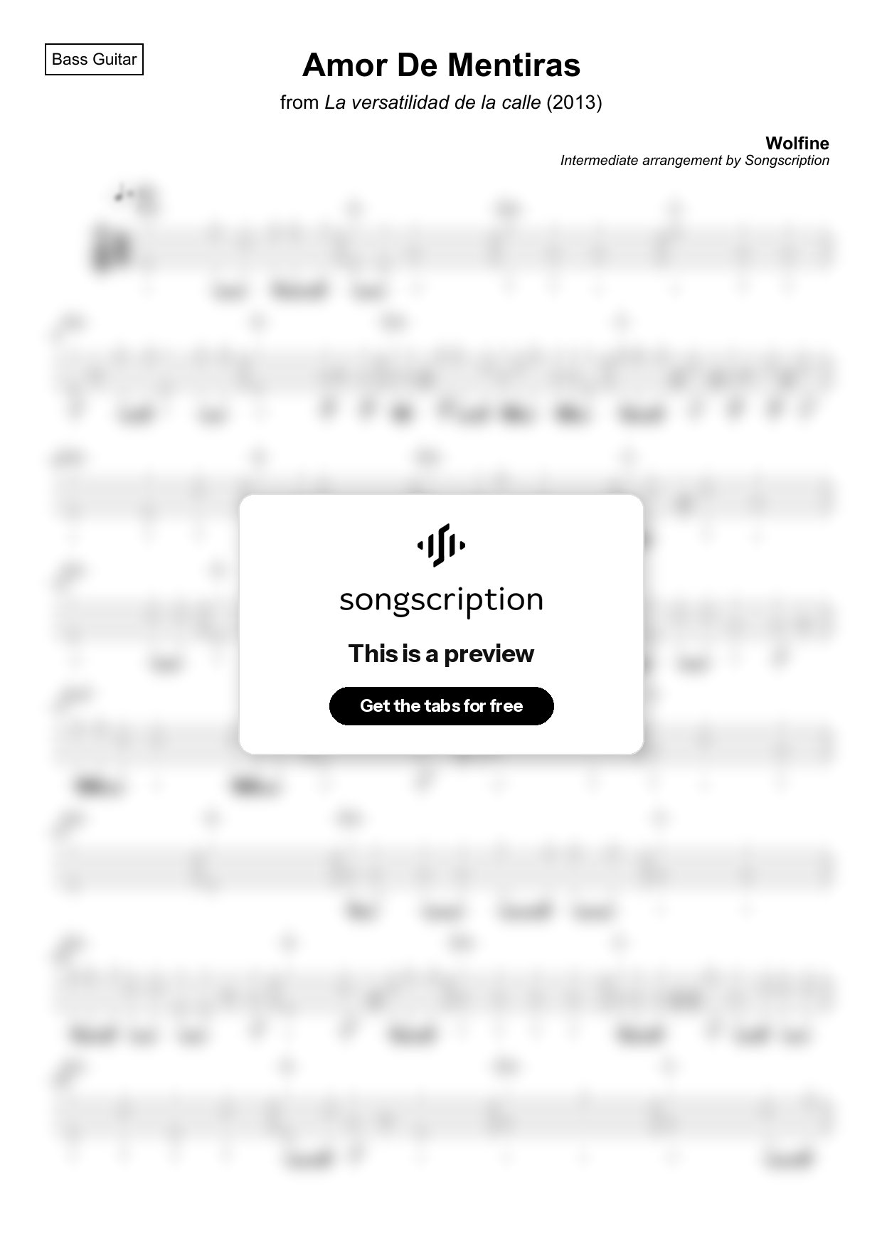 Intermediate Bass Guitar Tabs for "Amor De Mentiras" by Wolfine