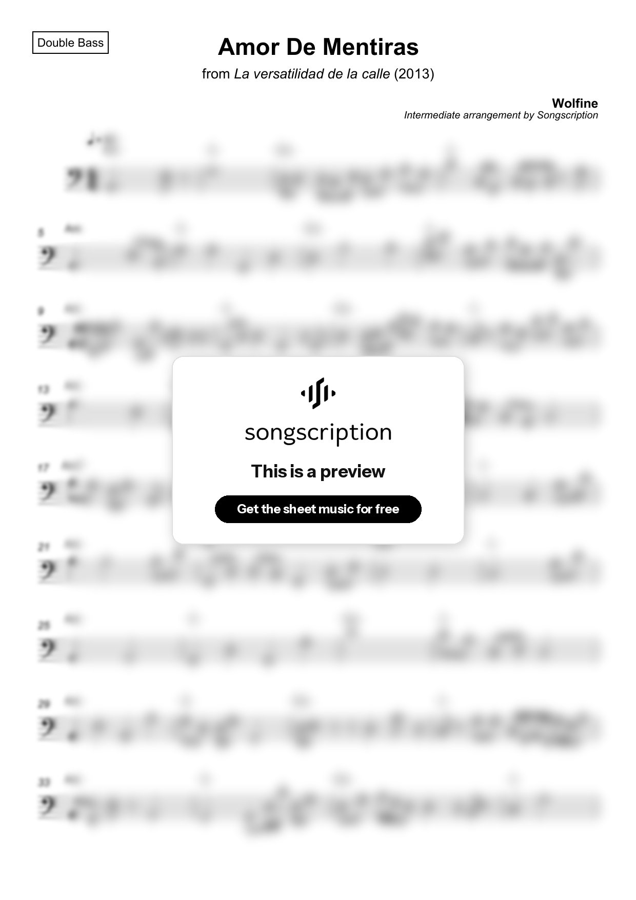 Intermediate Double Bass Sheet Music for "Amor De Mentiras" by Wolfine