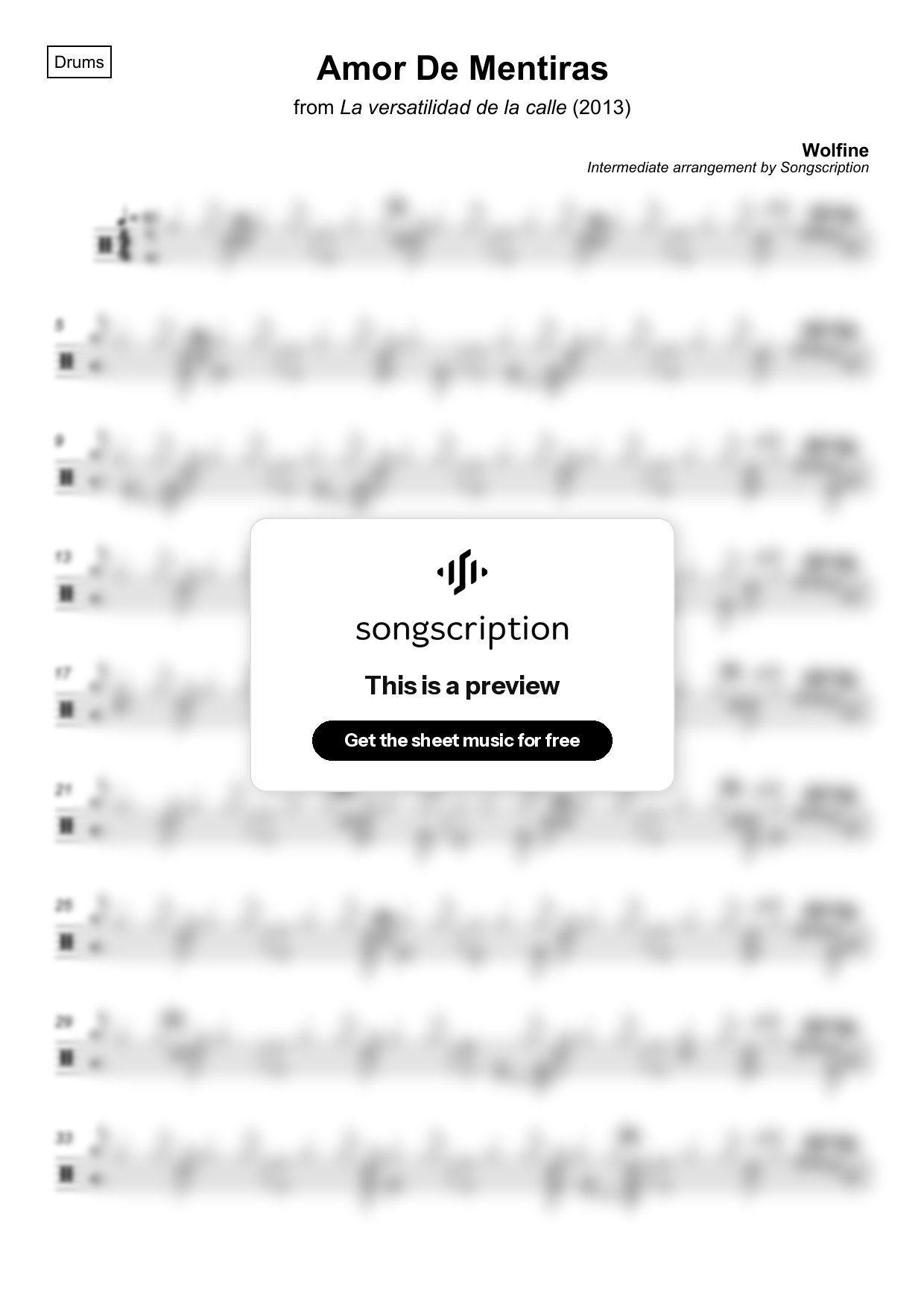 Intermediate Drums Sheet Music for "Amor De Mentiras" by Wolfine
