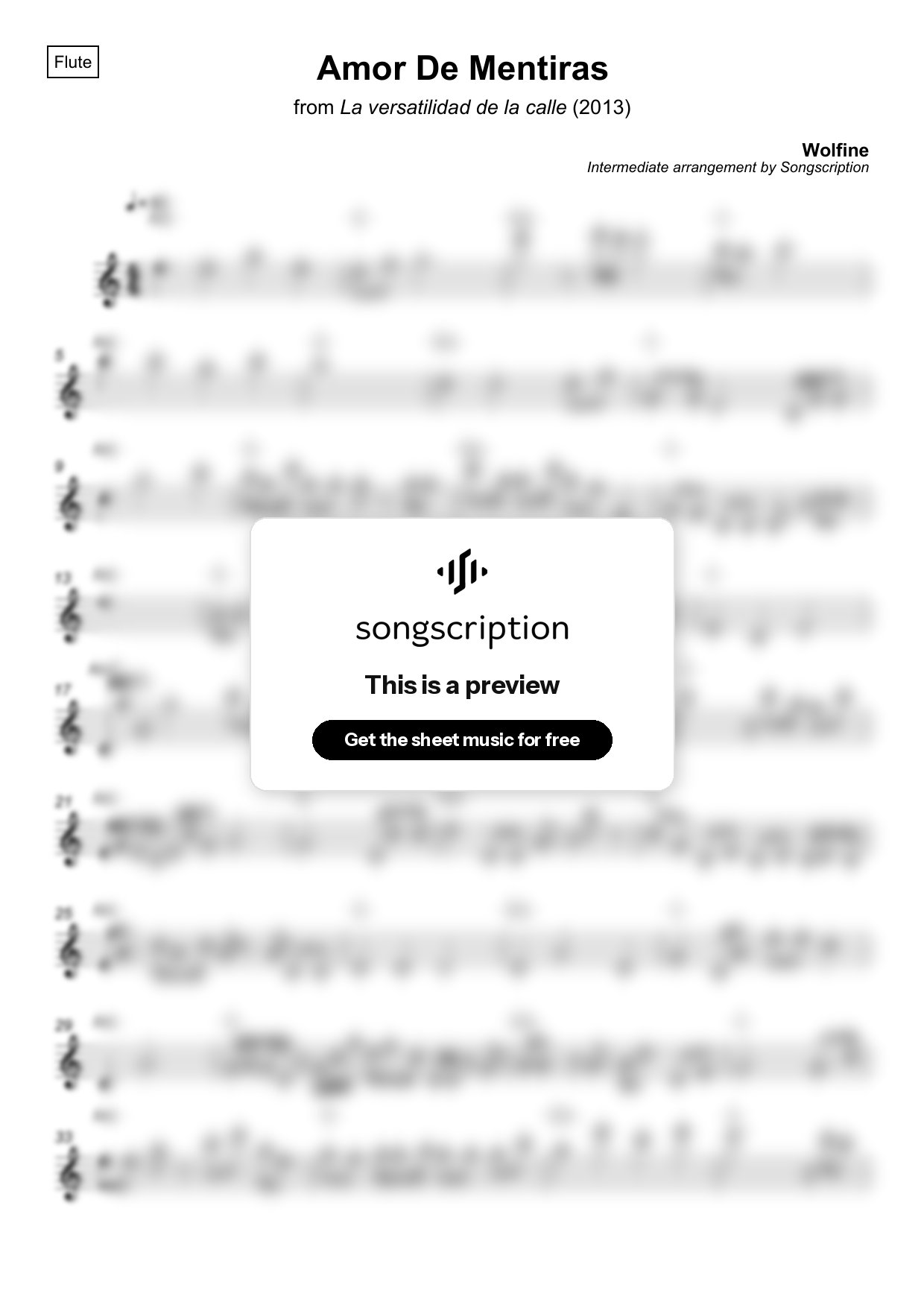 Intermediate Flute Sheet Music for "Amor De Mentiras" by Wolfine