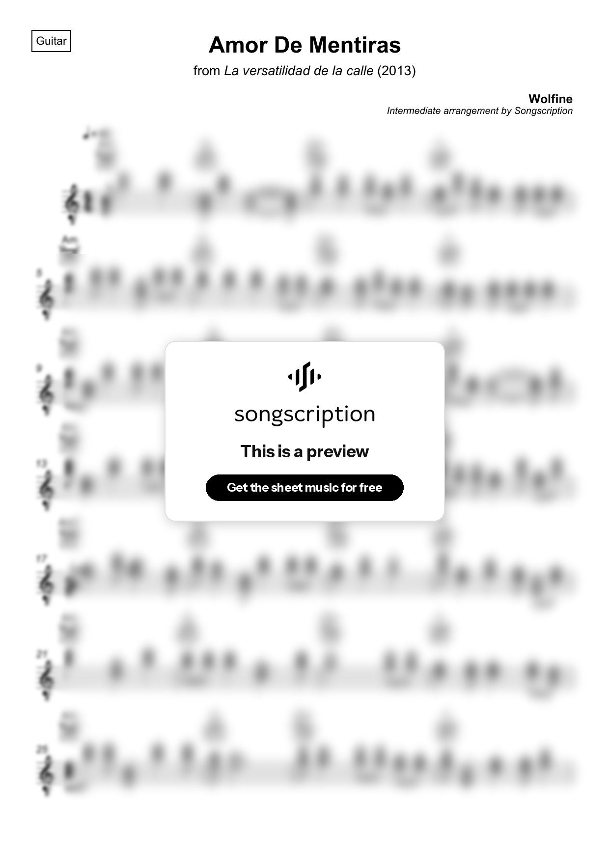 Intermediate Acoustic Guitar Sheet Music for "Amor De Mentiras" by Wolfine